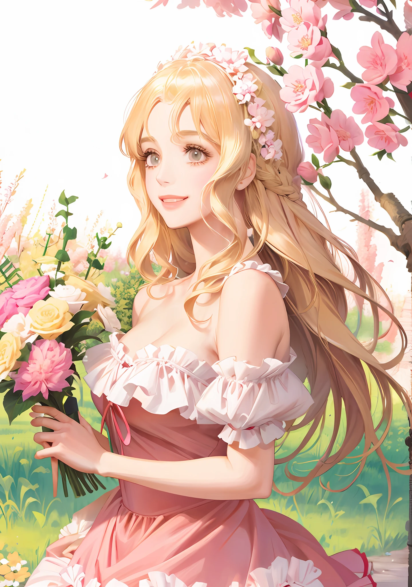 Lolita, off-the-shoulder, pink dress flowers, smile, blonde hair, fluttering hair, natural light, perfect figure, delicate facial features