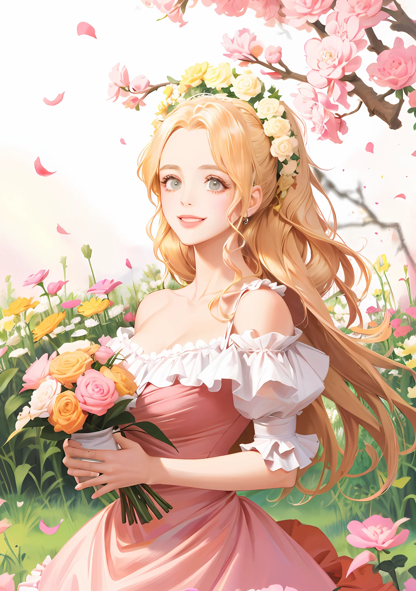 Lolita, off-the-shoulder, pink dress flowers, smile, blonde hair, fluttering hair, natural light, perfect figure, delicate facial features