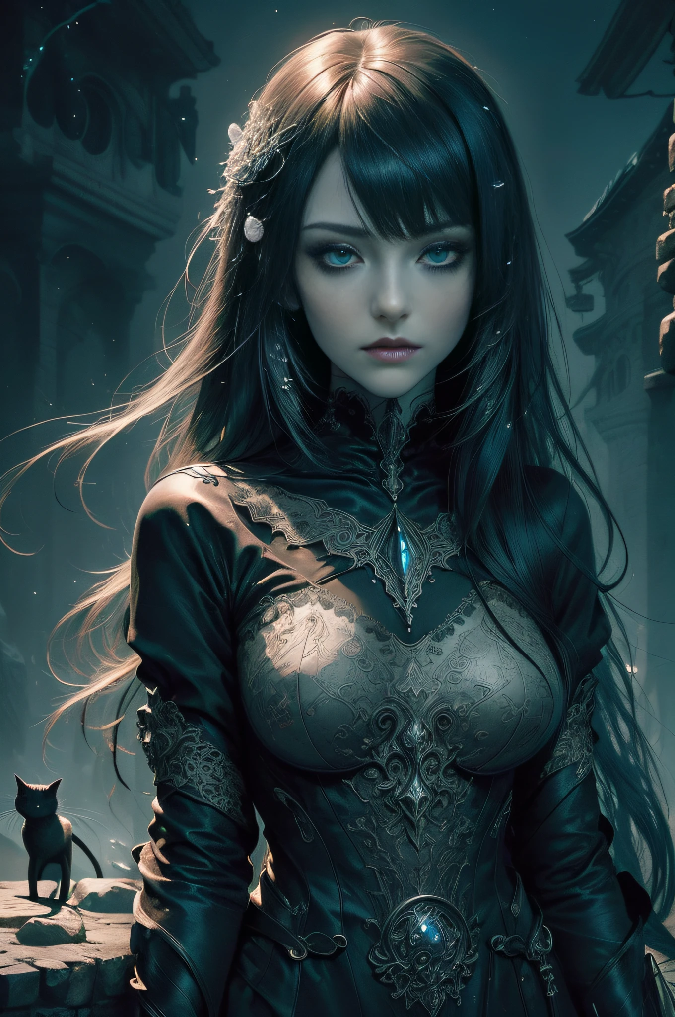 [Detailed illustrations, art based on extremely ideal anatomy, very detailed and detailed drawings, slow and delicate lines, realistic texture expression],((Color tressed main lines)),(Artwork with outstanding craftsmanship),(Midnight ruins (Background of a stone castle leaking in moonlight)) Full Moon,Vampire Girl Japanese Beauty ((Beautiful but sick face, sunken eyes)) Skinny 13 years old (delicate and bony figure) Bare feet (((straight cropped bangs)) Fine beautiful straight long hair (black cat),(Beautiful skin shining on the moon (pale skin)),Cloak of darkness (ribbon lace embroidery),(ephemeral melancholy)) (Moonlight))) Gravure (Sedentary) ((Tindall effect)),((Dark fantasy)),((Fine and beautiful skin expression ( Transparency))),((Clear gaze)),((Perfect eye details (Beautifully drawn pupils))),(Beautiful perfect face (Realistic face details)),((Beautiful hair details)),(Proportioned and perfect proportions)),(High-level built design,((Advanced structural understanding of materials)),Ideal color coordination),((Artistic decoration)) ((High-density detail)),((Detail,High definition)),[(Ultra-precision detail),((Multilayer texture)),HighQuality,High Resolution],((Accurate simulation of light-material interaction, understanding of air flow,Mechanically correct representation)),(((Visual art with narrative)).