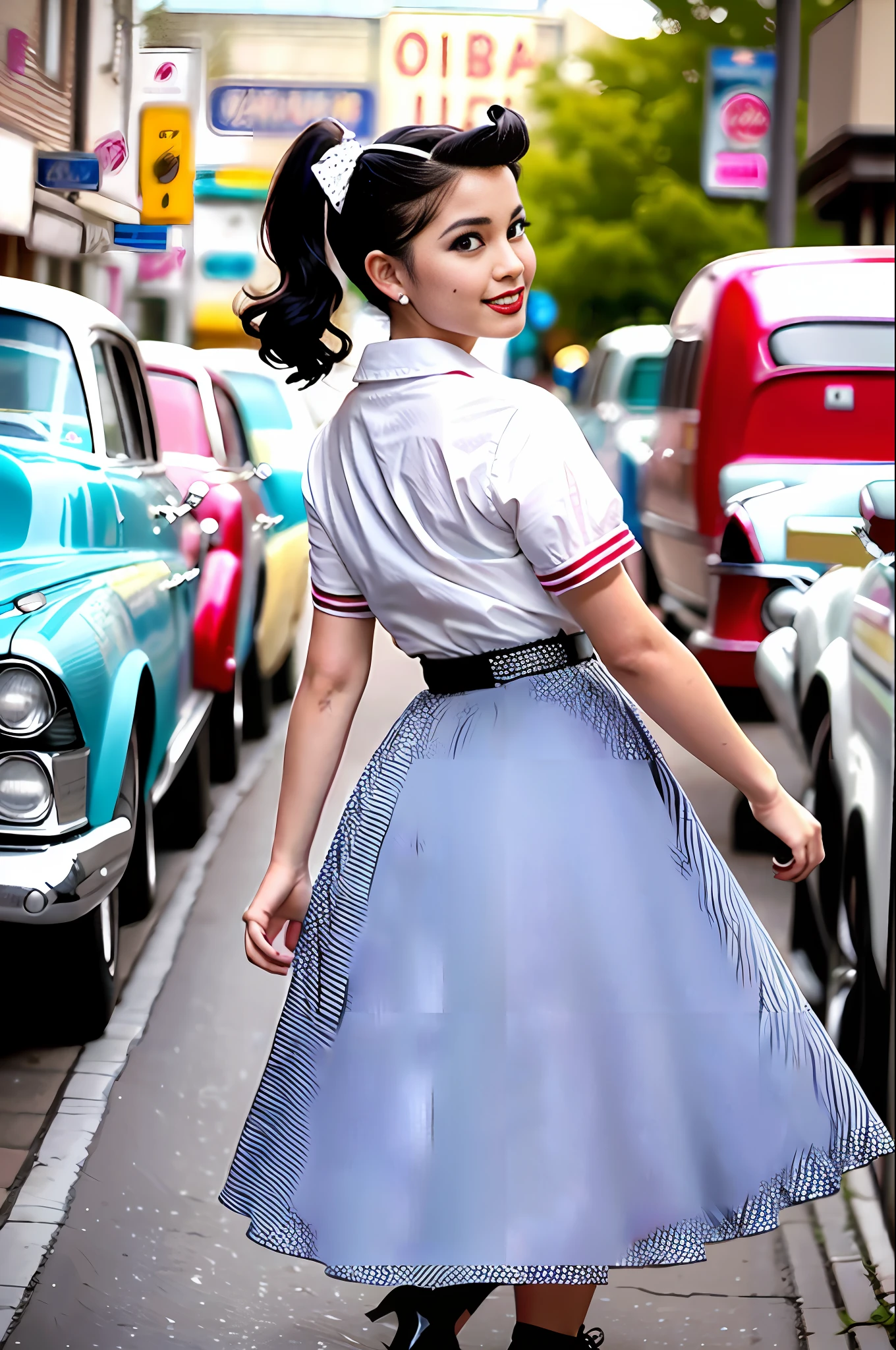 Rockabilly fashion, 50's American fashion, (masterpiece, top quality, highest quality, official art, beautiful and aesthetic: 1.2), (1 girl: 1.3), (rockabilly: 1.3), (18 years old Japan person: 1.2), rockabilly, white short sleeve blouse, (polka dot circular skirt: 1.3), ponytail with large ribbon, bobby soxer, saddle shoes, smile, Long skirts, dancing, (Jukebox: 1.3), (Cadillac is next to it: 1.3), Rock and Roll