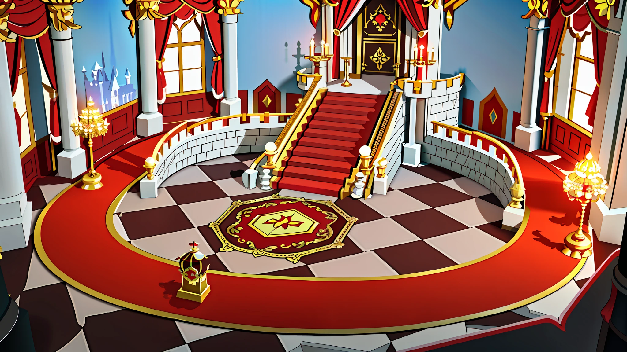there is a cartoon picture of a castle with a red carpet, in a throne room, throne room, decadent throne room, exquisitely designed throne room, inspired by Luigi Kasimir, rustic throne room, mario, inside a palace, video game screenshot>, inside a castle, cutscene, * * *, interior gameplay screenshot, 3d mario 64 castle aerial view