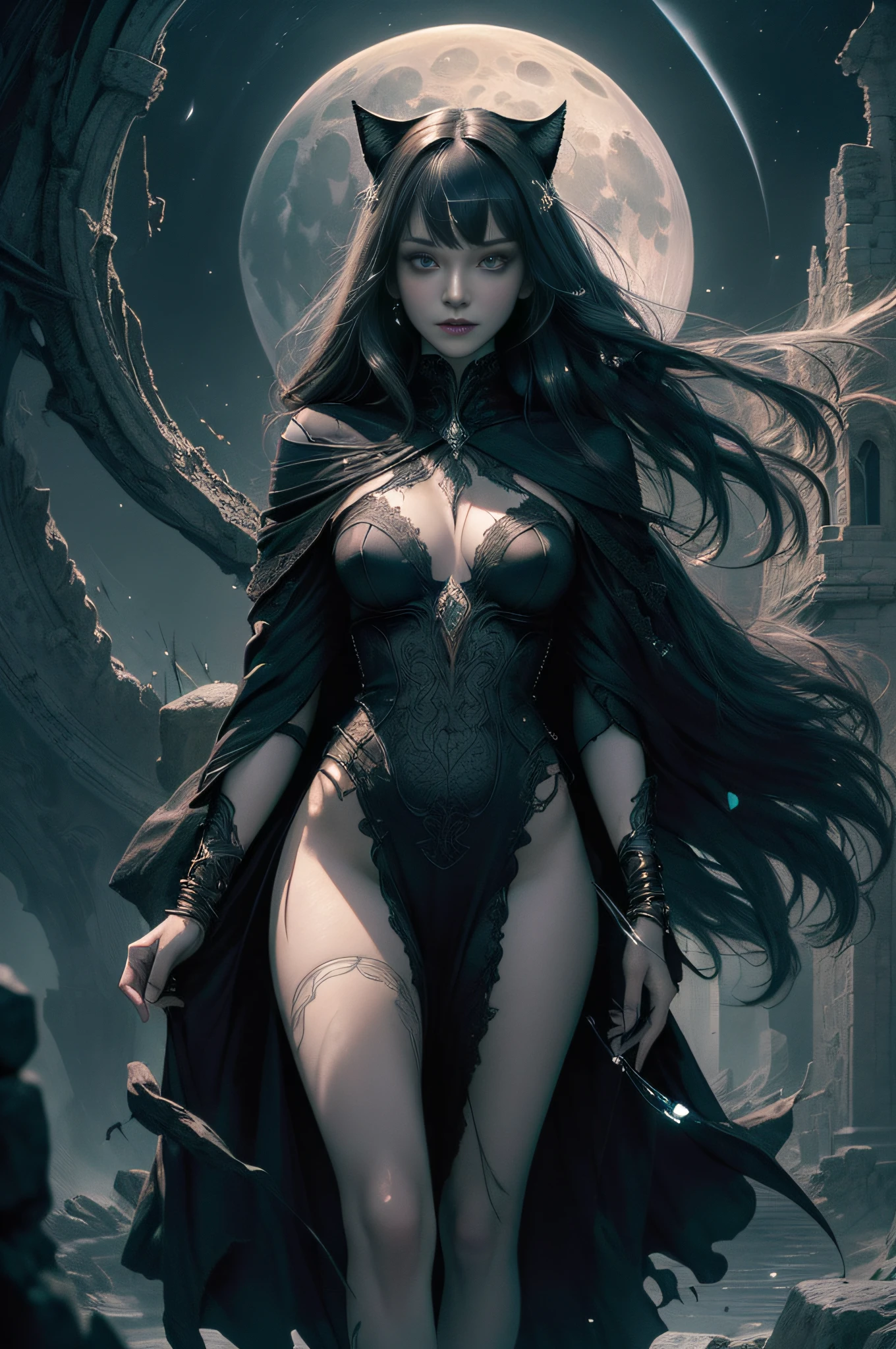 [Detailed illustrations, art based on extremely ideal anatomy, very detailed and detailed drawings, slow and delicate lines, realistic texture expression],((Color tressed main lines)),(Artwork with outstanding craftsmanship),(Midnight ruins (Background of a stone castle leaking in moonlight)) Full Moon,Vampire Girl Japanese Beauty ((Beautiful but sick face, sunken eyes)) Skinny 13 years old (delicate and bony figure) Bare feet (((straight cropped bangs)) Fine beautiful straight long hair (black cat),(Beautiful skin shining on the moon (pale skin)),Cloak of darkness (ribbon lace embroidery),(ephemeral melancholy)) (Moonlight))) Gravure (Sedentary) ((Tindall effect)),((Dark fantasy)),((Fine and beautiful skin expression ( Transparency))),((Clear gaze)),((Perfect eye details (Beautifully drawn pupils))),(Beautiful perfect face (Realistic face details)),((Beautiful hair details)),(Proportioned and perfect proportions)),(High-level built design,((Advanced structural understanding of materials)),Ideal color coordination),((Artistic decoration)) ((High-density detail)),((Detail,High definition)),[(Ultra-precision detail),((Multilayer texture)),HighQuality,High Resolution],((Accurate simulation of light-material interaction, understanding of air flow,Mechanically correct representation)),(((Visual art with narrative)).