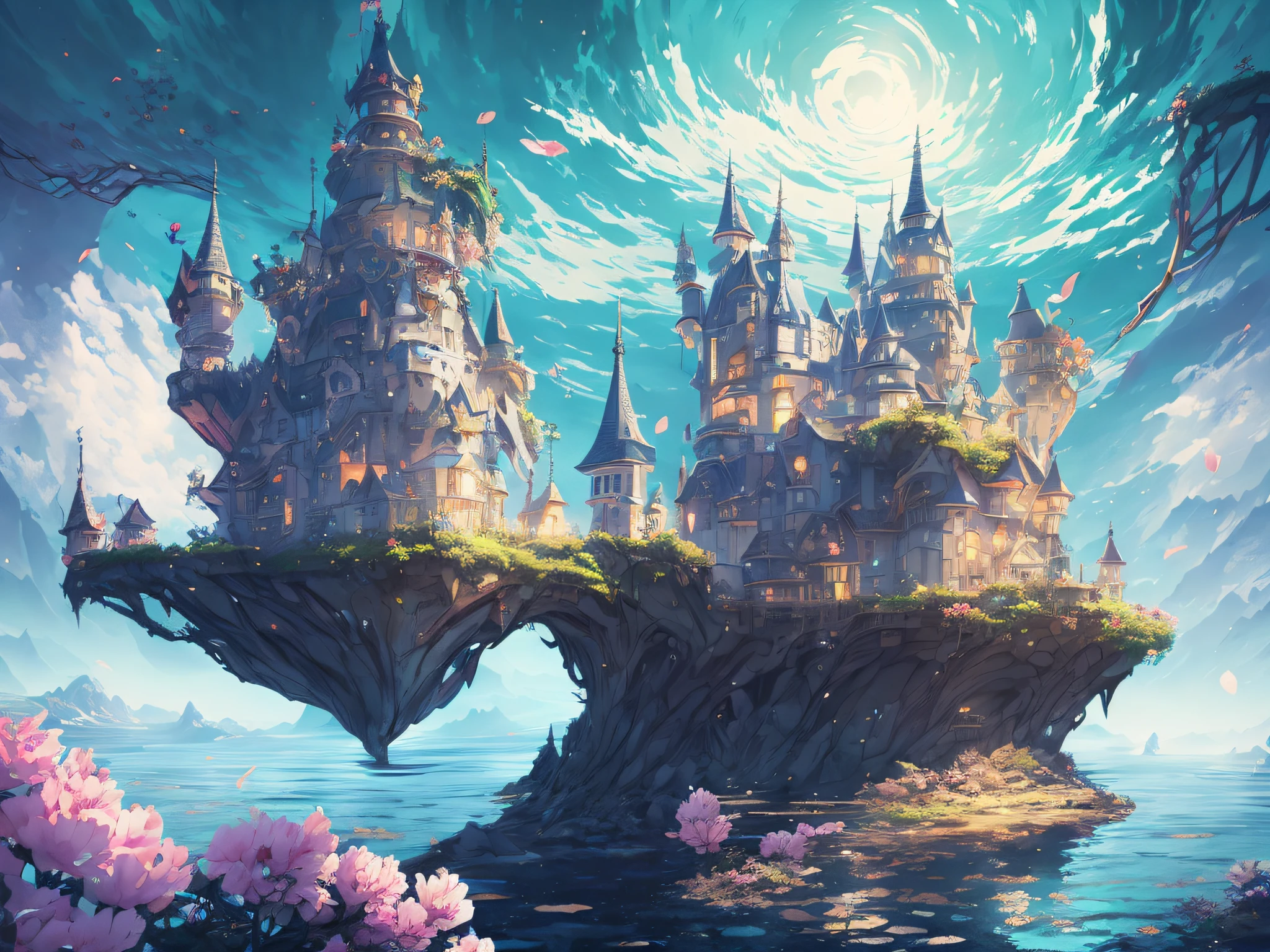 Color (fantasy: 1.2), (Miyazaki style), (irregular building floating in the sea), patchwork cabin, floral decoration, lights, painted castle on floating island in sky background, huge floating castle, anime fantasy artwork, anime fantasy illustration, detailed digital 2D fantasy art, detailed fantasy digital art, detailed fantasy illustration, digital 2D fantasy art, digital 2D fantasy art, 4k highly detailed digital art, 2.5D CGI anime fantasy artwork, fantasy art style, fantasy style art