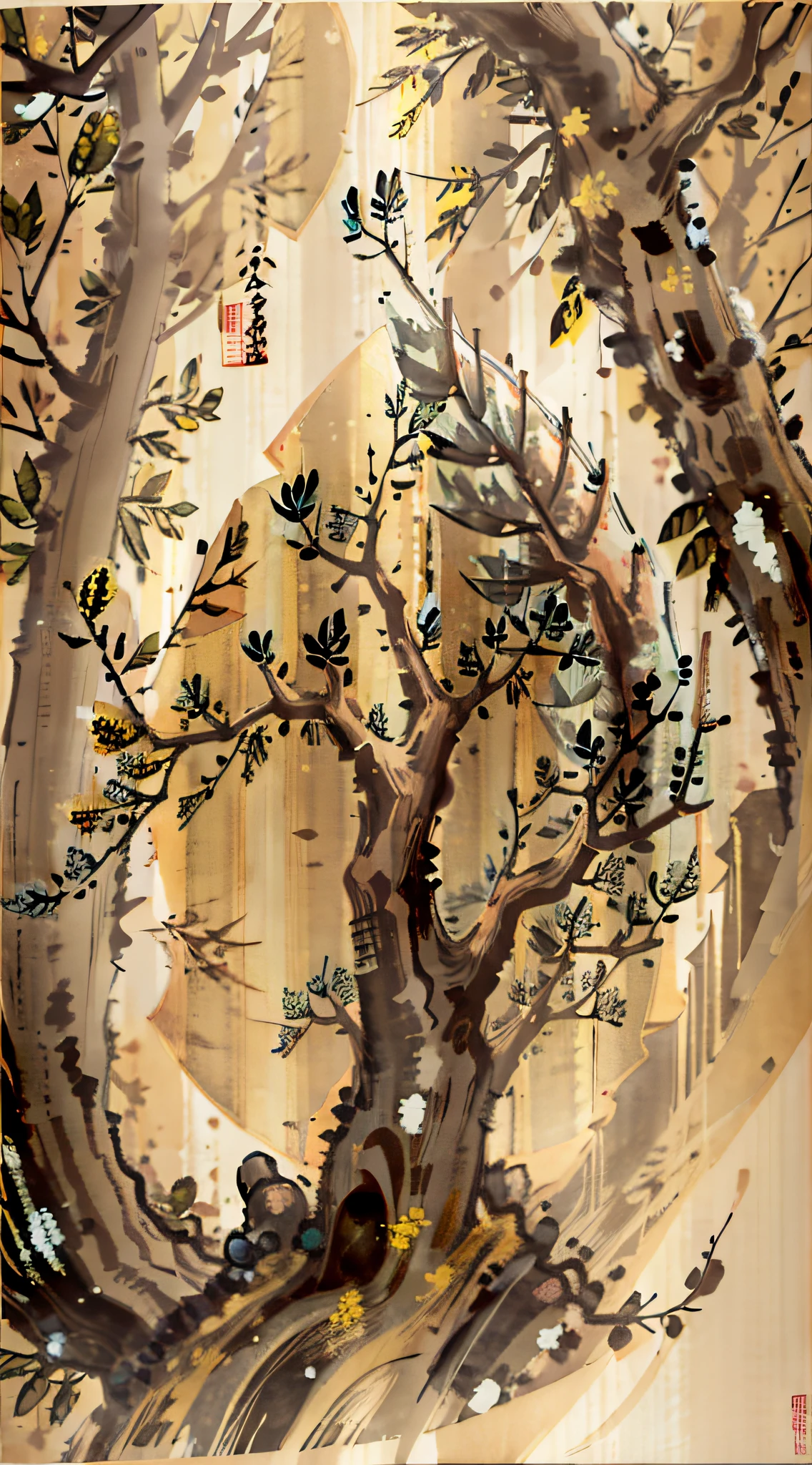 A drawing of a mythical tree, drawn on a yellowish paper with old Japanese style, the tree is upside down with kanji writing on the paper. Old Japanese drawing, feudal Japanese style, old paper, old, 1700s, Japanese. Around the tree, there are golden marks with several letters shining in gilding around it, it exudes a yellow aura