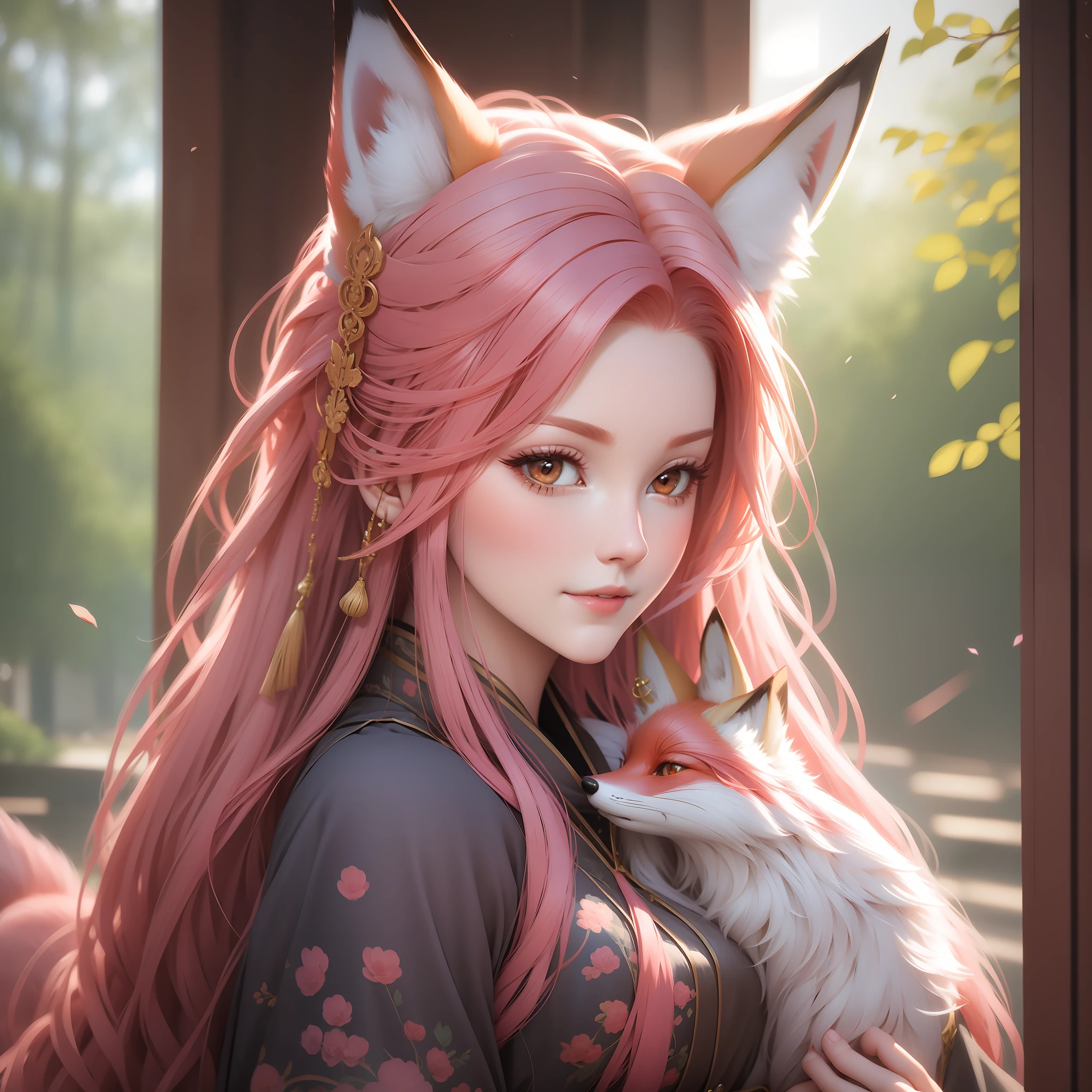 Fox, pink hair, antique,1gril,1fox