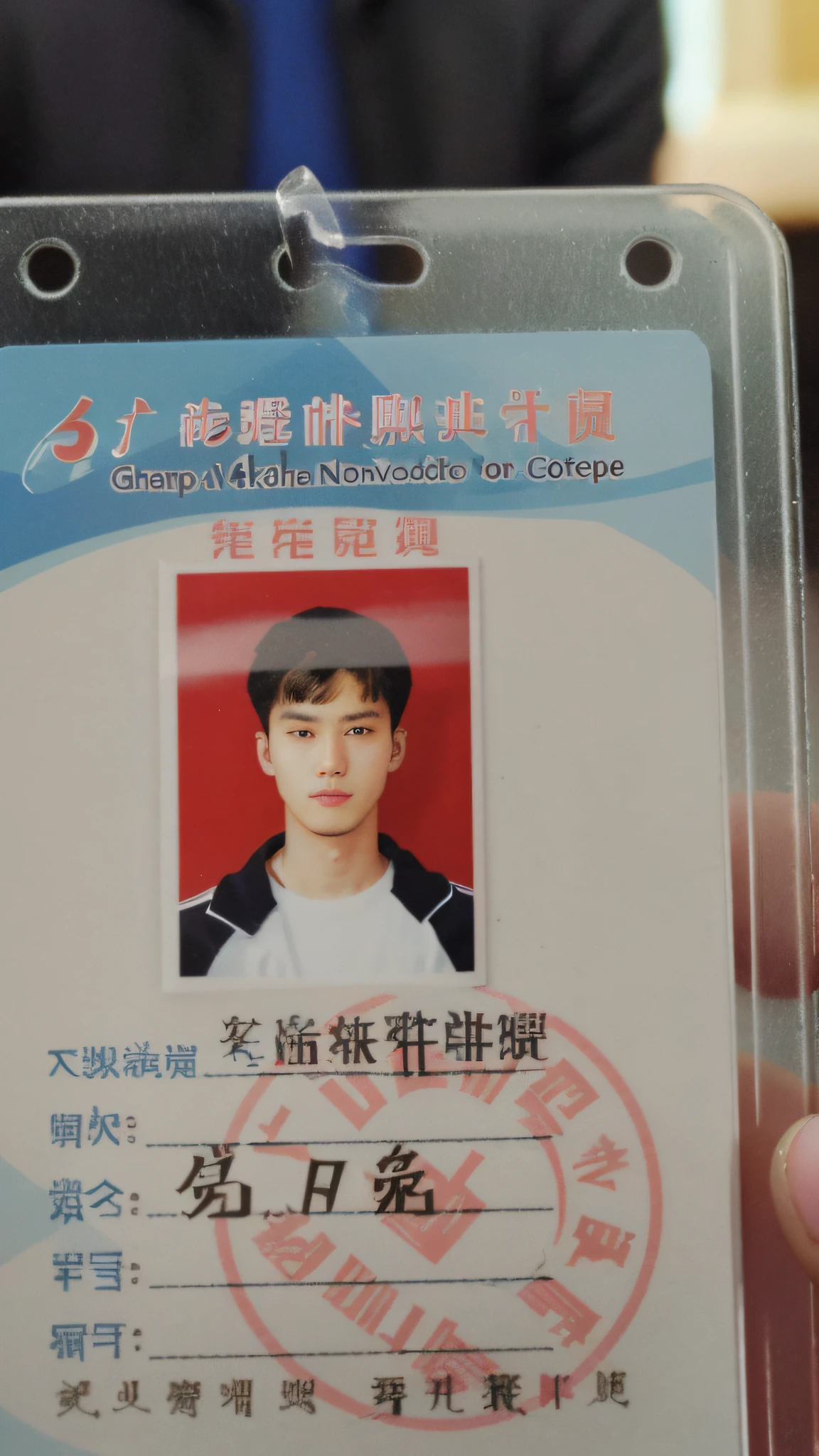 a close up of a person holding a plastic id card with a picture of a man, 2 3 years old, 2 2 years old, 2 8 years old, 2 7 years old, guangjian huang, 2 4 years old, yintion j - jiang geping, 2 9 years old, phong yintion j - jiang geping, 21 years old