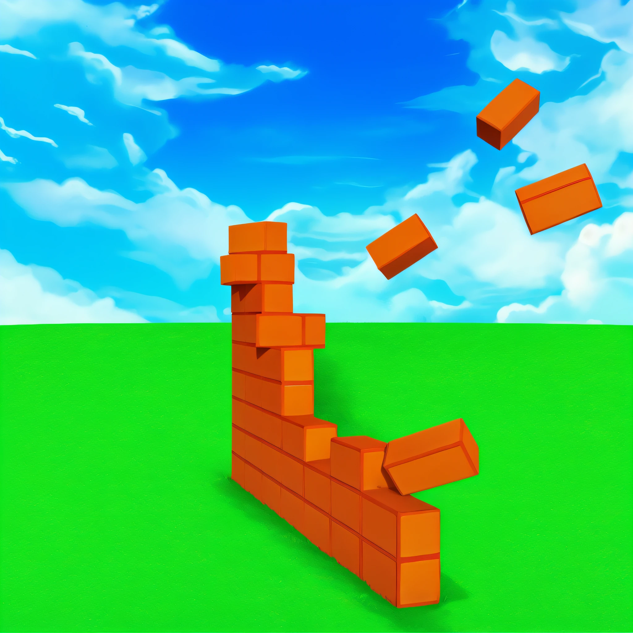 Brick wall, flying bricks, grass floor, blue sky --auto --s2