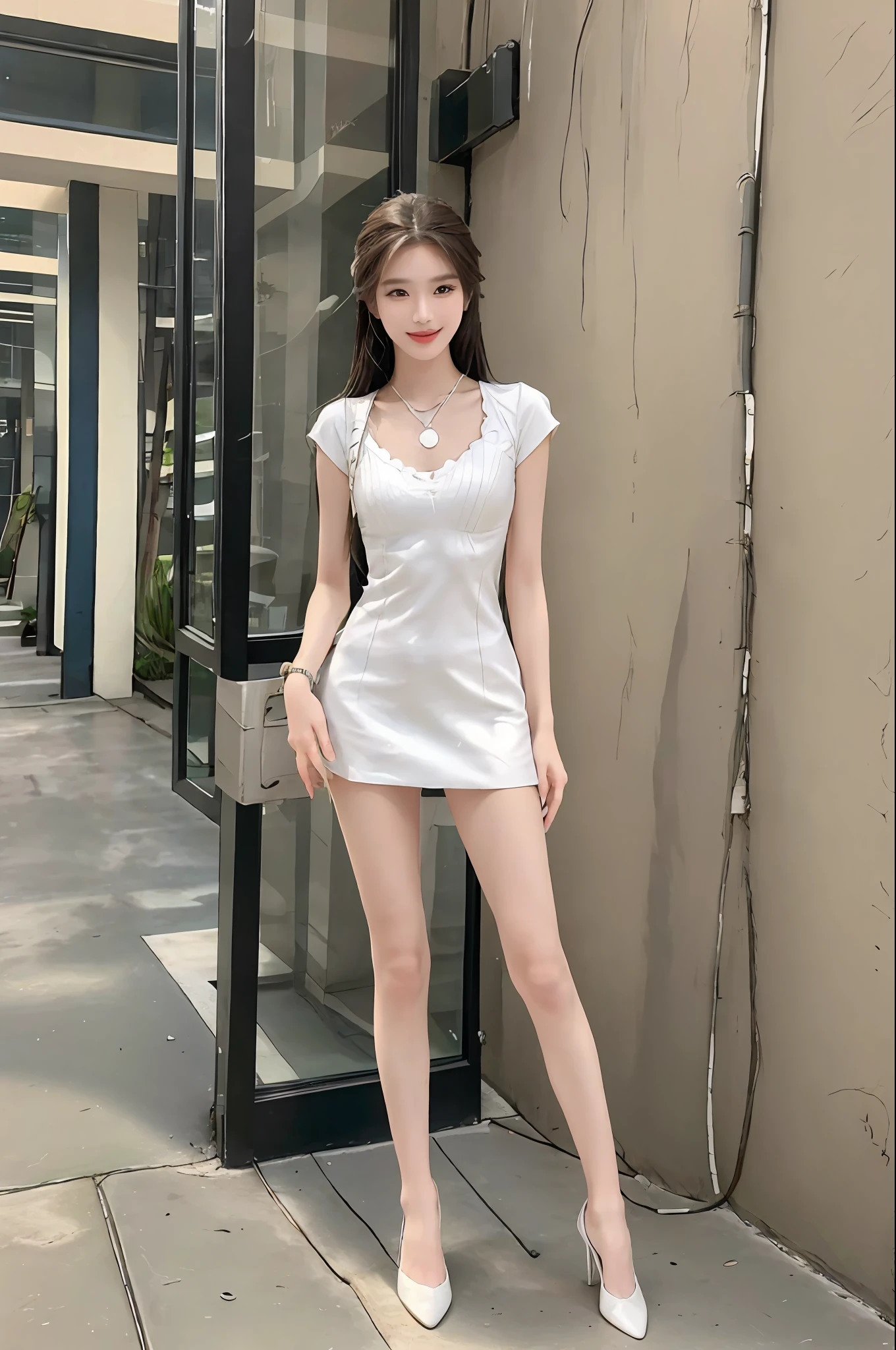 realistic, high resolution, 1 girl, long hair, korean, (best quality, high resolution, masterpiece: 1.3), a tall pretty girl, a , slender legs, standing posture, posing, small white shoes, slender abs, silver white hair in loose wavy shape, full body, ultra wide angle, wristband, breasts, wearing pendants, smiling, charming, (black maid outfit), (modern architecture in the background), fair skin, beautifully presented details in face and skin texture, detailed eyes, double eyelids