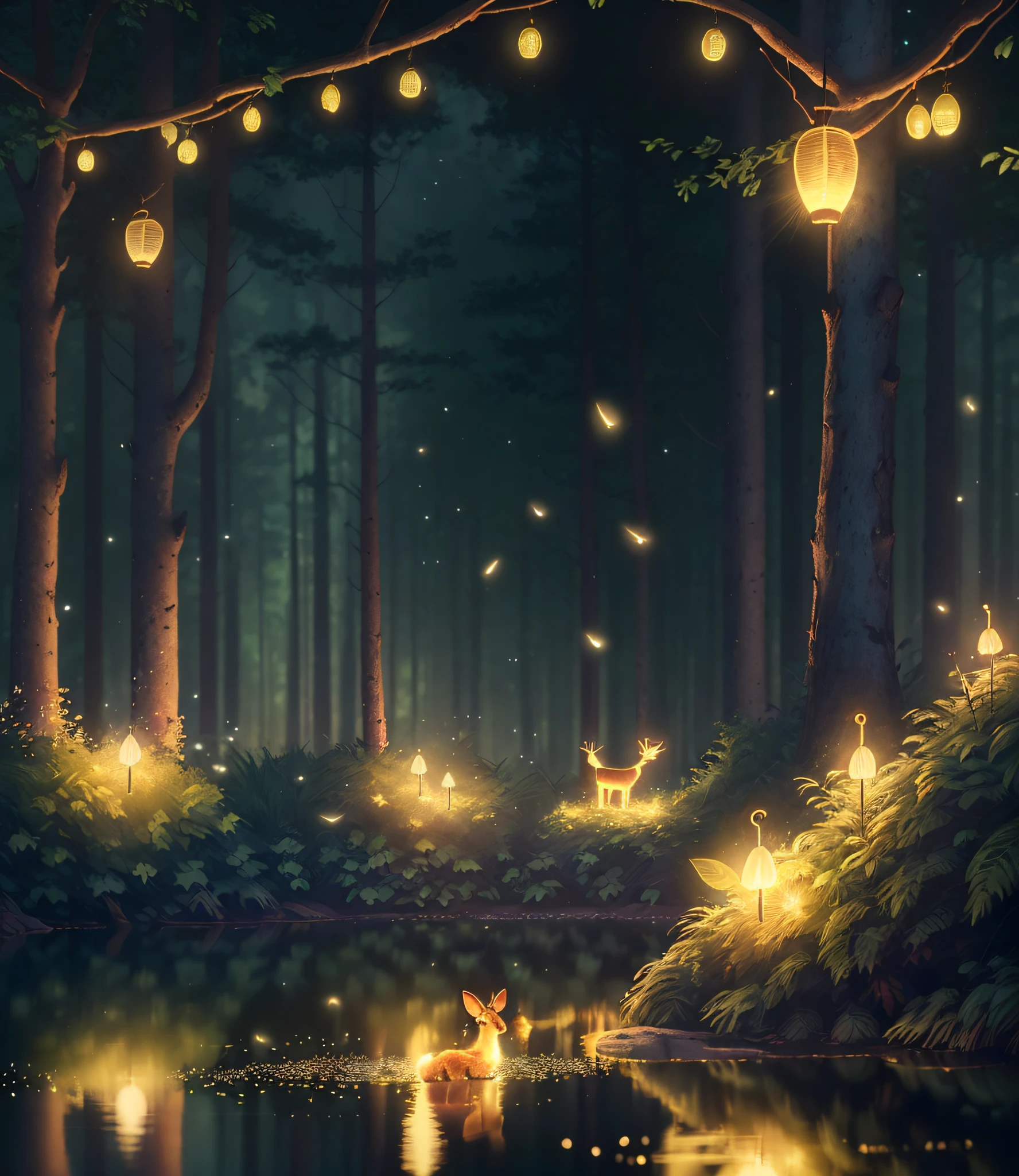 Masterpiece, best quality, (very detailed CG unity 8k wallpaper), (best quality), (best illustration), (best shadows), glow sprite, with a glowing deer, in the swimming pool Drinking water, natural elements in the forest theme. Mysterious forest, beautiful forest, nature, surrounded by flowers, delicate leaves and branches surrounded by fireflies (natural elements), (jungle theme), (leaves), (twigs), (fireflies), (particle effects) etc. 3D , Octane rendering, ray tracing, super detailed