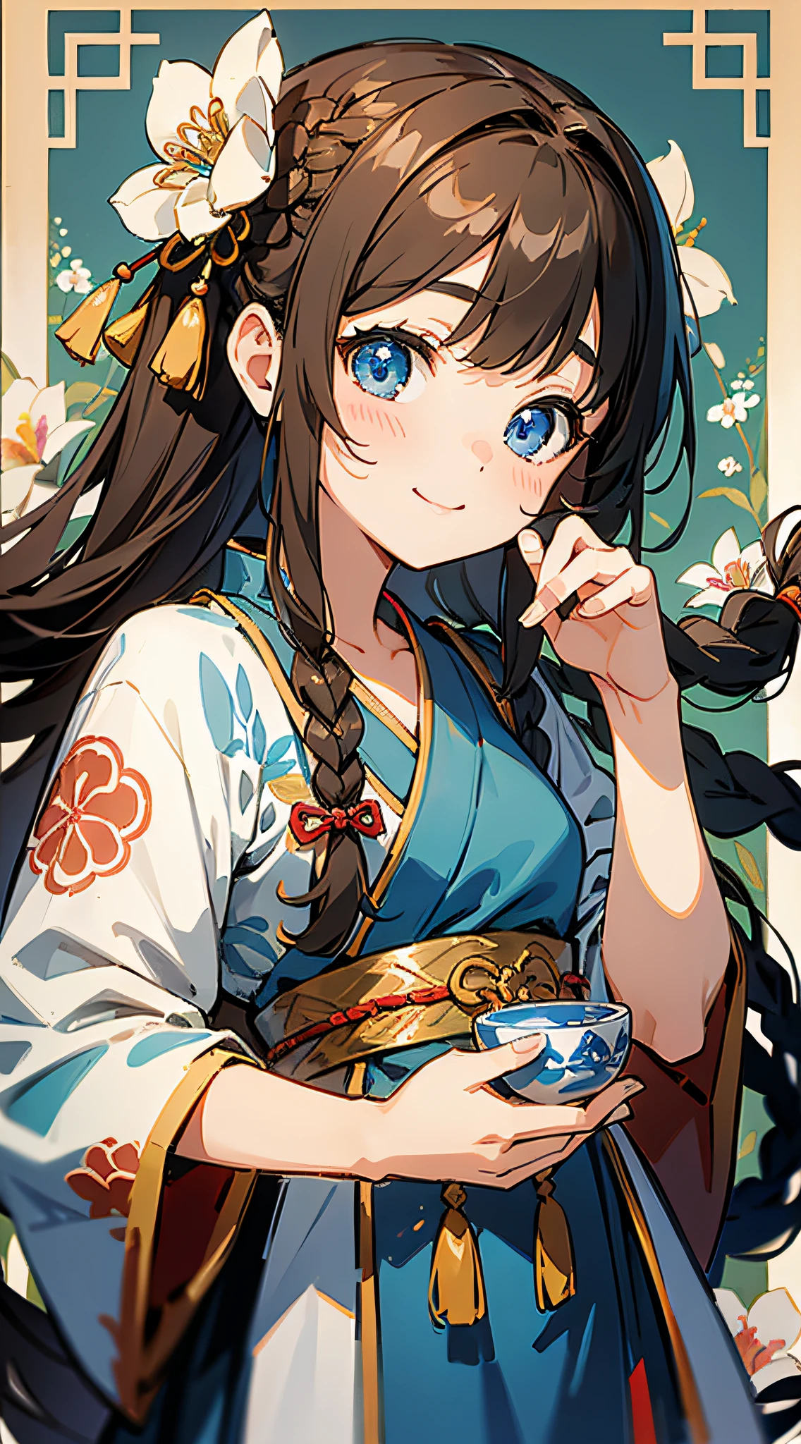 Masterpiece, super-high-resolution, cute girl, half-body, ancient Chinese style, short brown hair, blue Hanfu, flowing long hair, braids, flower embellishments, blue eyes, hairpins, cute little li, cute cute cute, thick paint, gentle smile