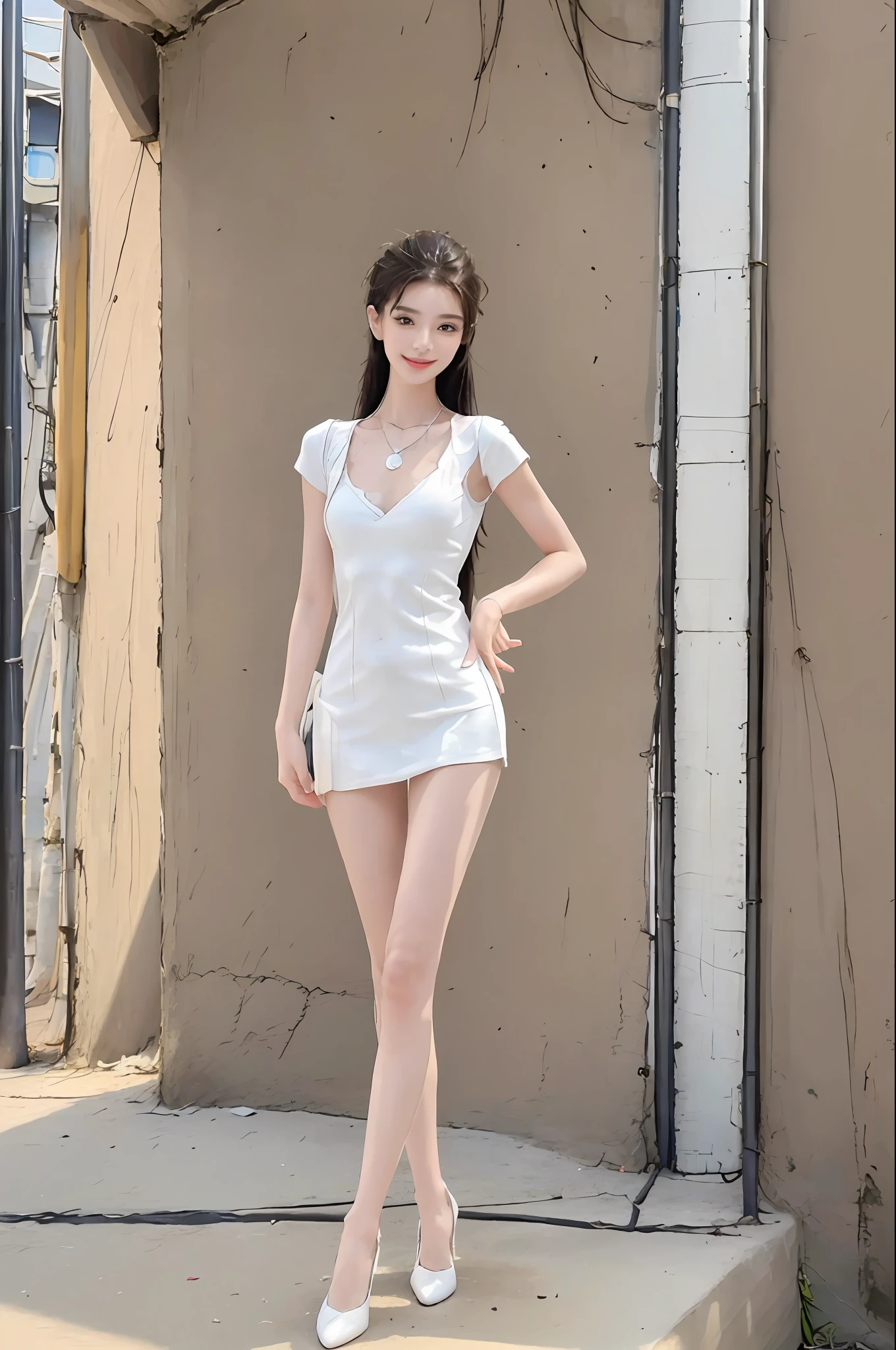 (Best Quality, High Resolution, Masterpiece: 1.3), A Tall and Beautiful Girl, A , Slender Legs, Stand Position, Posing, Small White Shoes, Slender Abs, Silver-White Hair in Loose Wave Styling, Full Body, Ultra Wide Angle, Wrist Ornament, Breasts, Wearing Pendants,, Smile, Glamorous,(Black Maid Outfit), (Modern Architecture in the Background), Fair Skin, Beautifully Presented Details in Face and Skin Texture, Detailed Eyes, Double Eyelids
