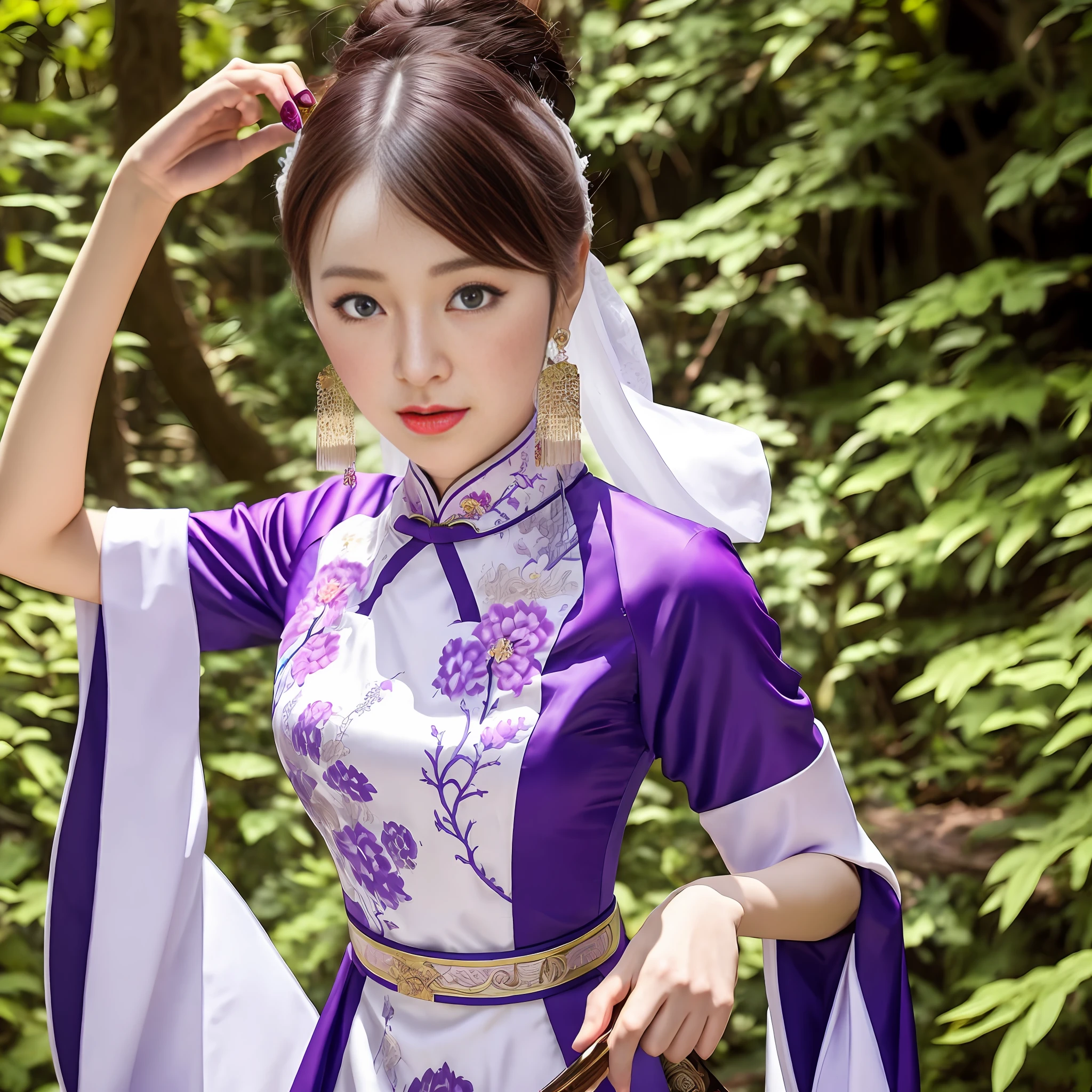 Long sword, in the forest, bowl roll on head, arafe asian woman in purple and white dress, posing in photo, ancient chinese clothes, chinese girl, luxury chinese model, cheongsam, chinese dress, chinese dress, ancient chinese clothes, palace, han clothes girl, traditional chinese clothes