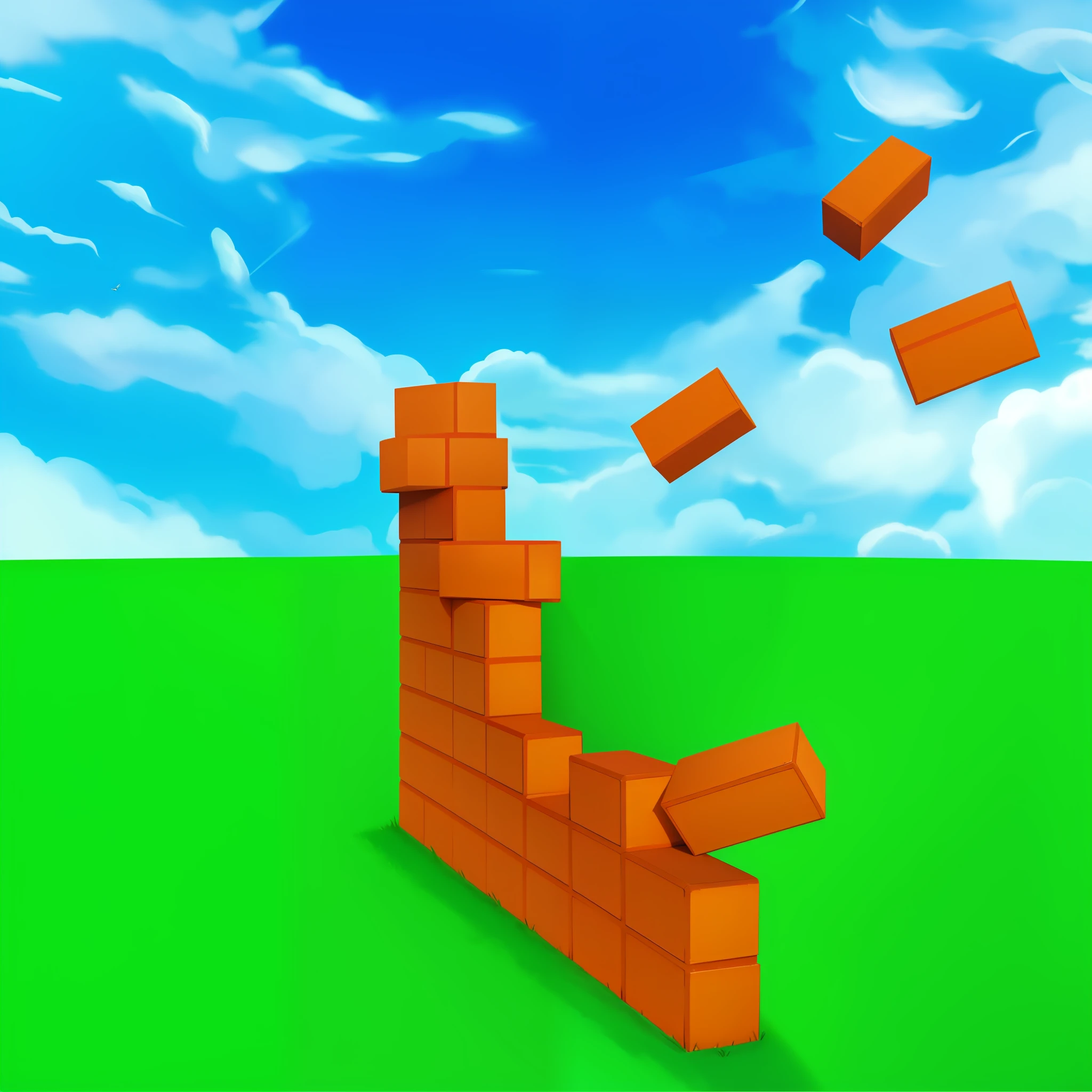 Brick wall, flying bricks, grass floor, blue sky --auto --s2