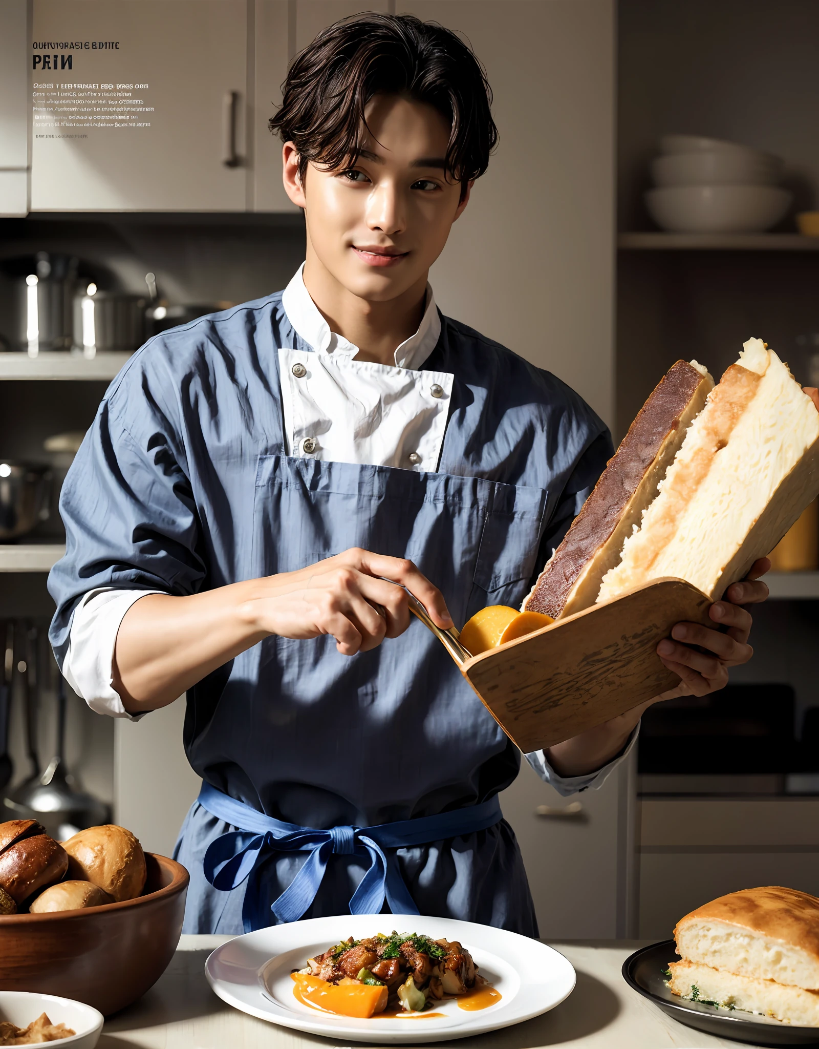 (masterpiece, ultra quality, high resolution, 8k, intricate: 1.2), (detailed face:1.2)), Front cover of a men's cooking magazine, 1boy, , stunning, handsome, heartwarming smile, , wearing tight chef costume, pinny apron, beautiful food,