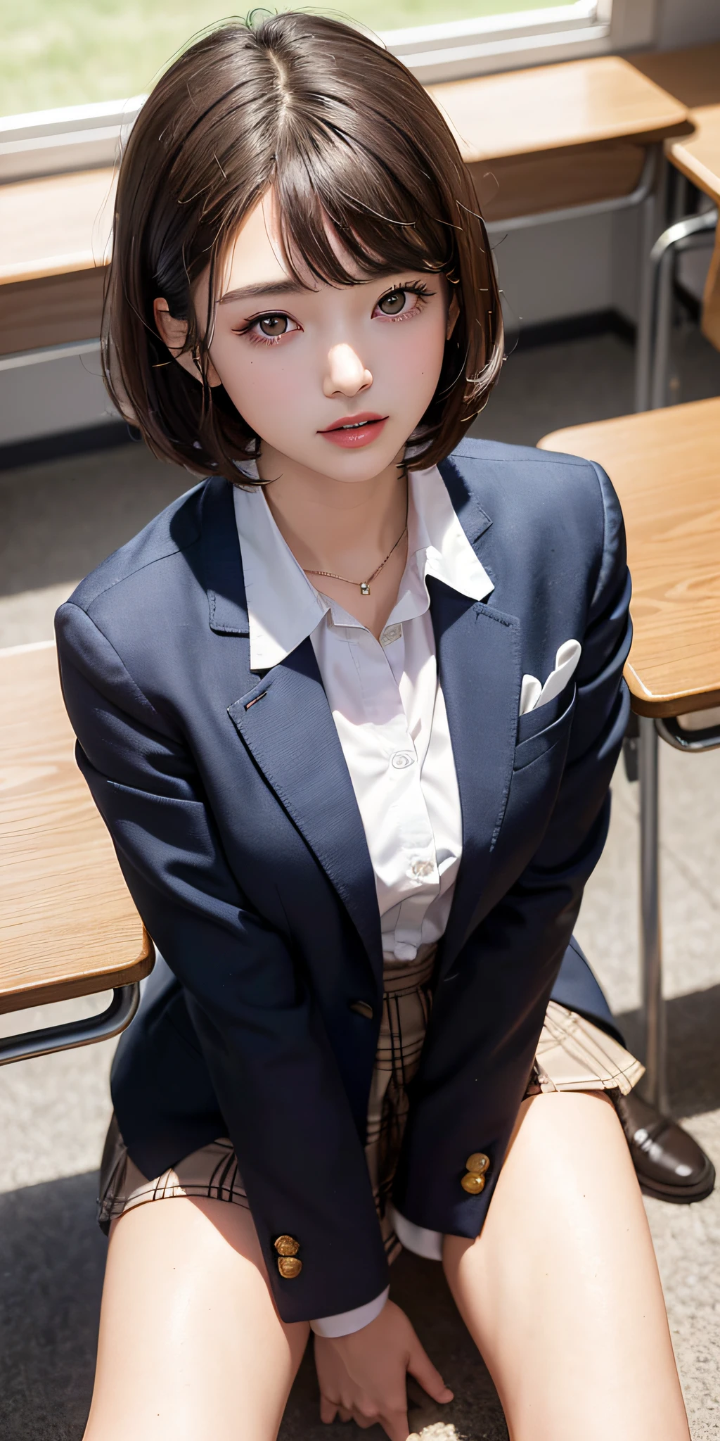 ((8k, RAW photo, top quality, masterpiece), HD RAW color photo professional close-up photo, (realistic, realistic: 1.37), (highest quality), (best shadow), (best illustration), collarbone ((large)), ((pornographic, sexy, super high resolution, HD CG unified 8K wallpaper, physically based rendering, cinematic lighting), (aegyo sal: 1), 18 year old girl, (gray blazer, ribbon, socks, high school uniform: 1.2), high school classroom, Beautiful details eyes, light on the face, ((Full body shot: 1.2)), extra bright light, (upper eye, grin: 1.2), shiny skin, ((brunette, Bob hair: 1.2))), (thick thighs), ulzzang-6500-v1.1: 0.2, shy, (flash: 1.2), NSFW, (puffy), (seductive pose: 1.2, charming: 1.2)), (idle), (sitting at a desk in the classroom: 1.2)), (good anatomy: 1.2)), (bright and refreshing classroom, background blurred: 1.2)), perfect face, sexy face, (high angle shooting: 1.2)