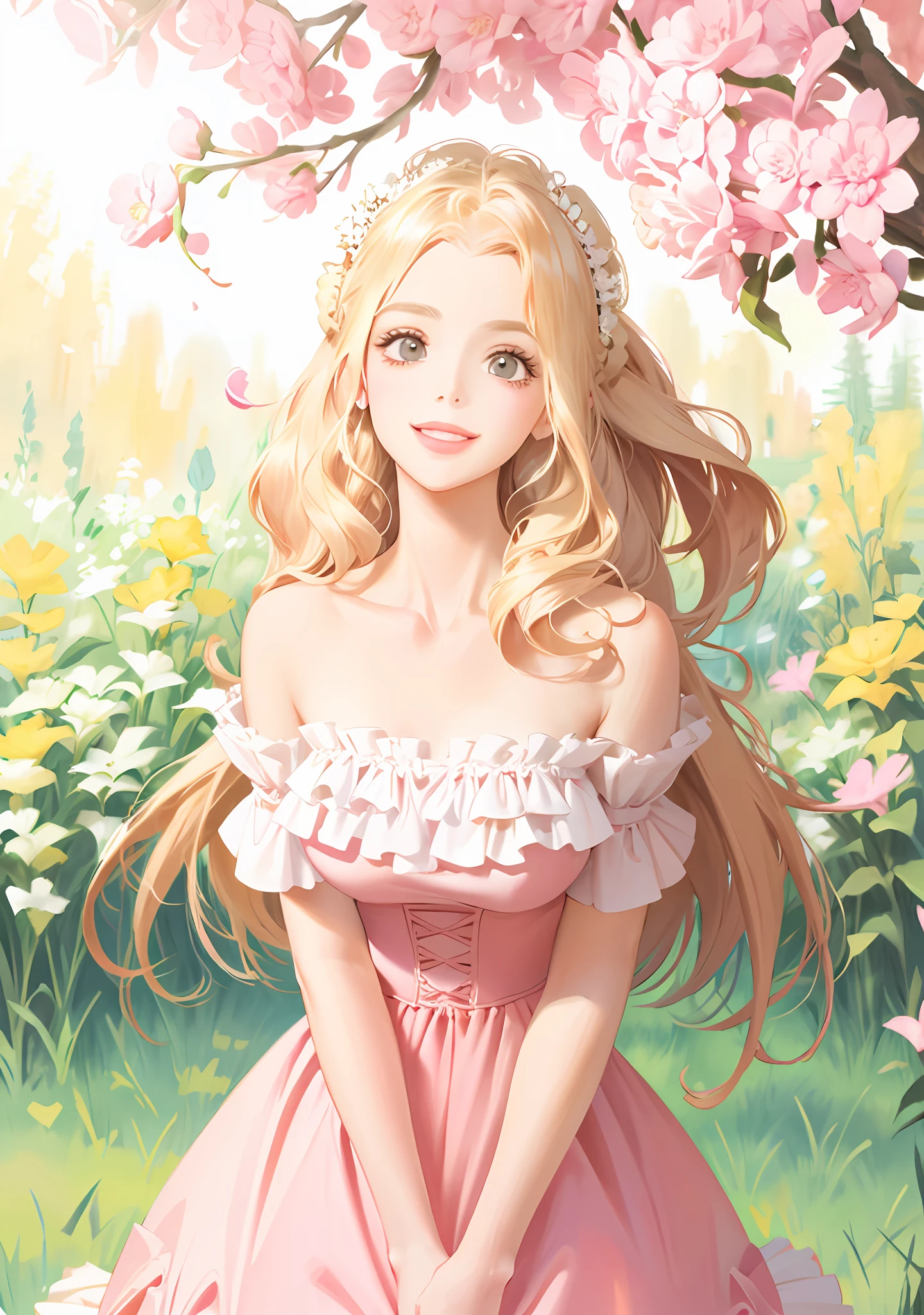 Lolita, off-the-shoulder, pink dress flowers, smile, blonde hair, fluttering hair, natural light, perfect figure, delicate facial features