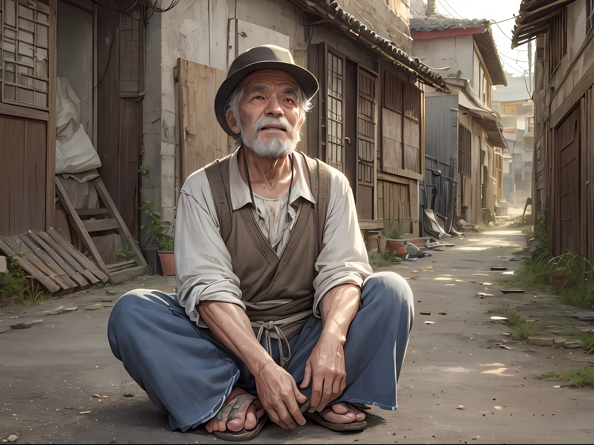 1 old man, sitting on the ground, village entrance, thin, shabby clothes, dirty, laughing, dusk ((ultra-realistic details)), Chinese Republic of China style, panorama, full body, global illumination, clear facial features, short black hair, shabby clothes, sloppy, 8k