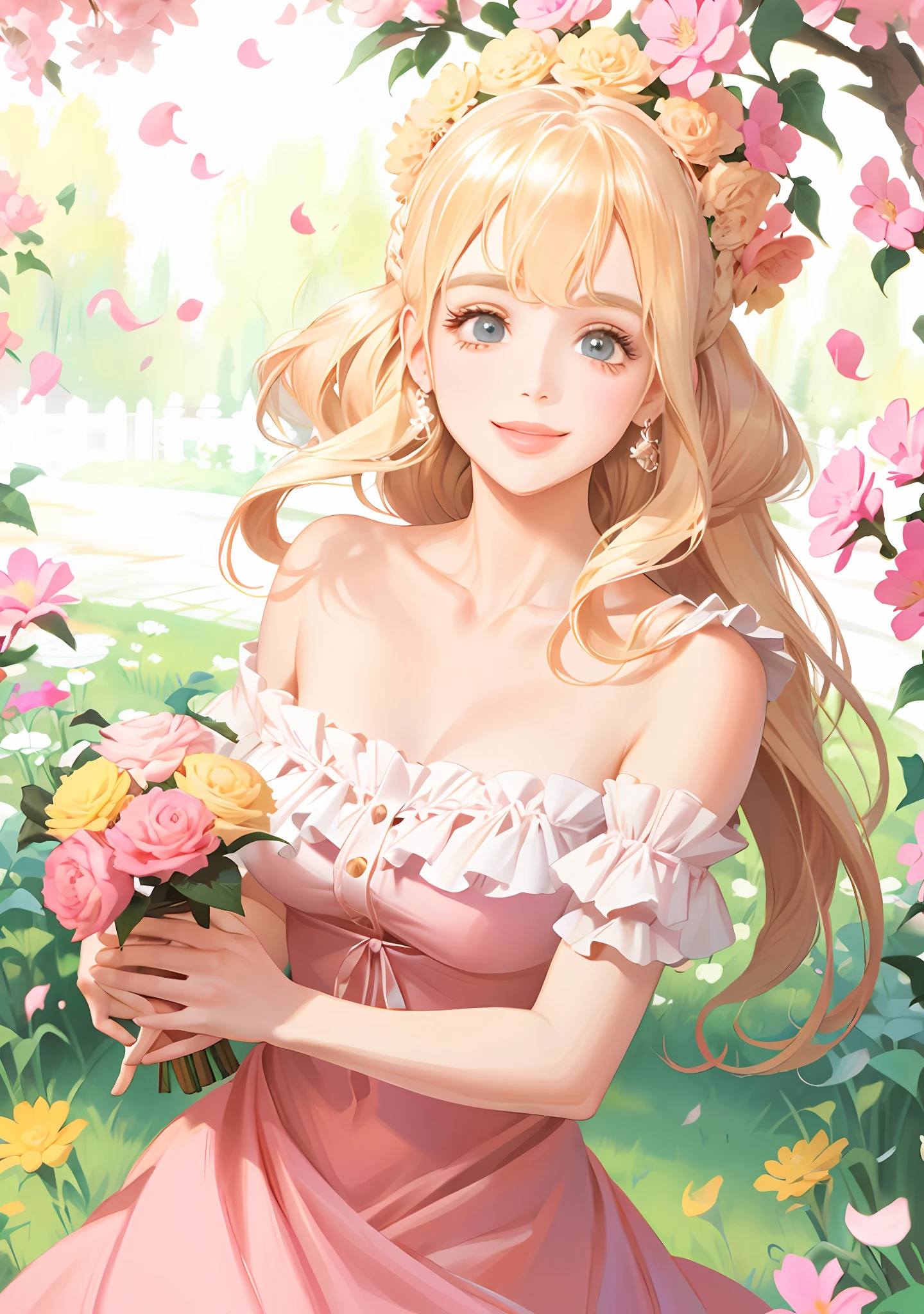 Lolita, off-the-shoulder, pink dress flowers, smile, blonde hair, fluttering hair, natural light, perfect figure, delicate facial features