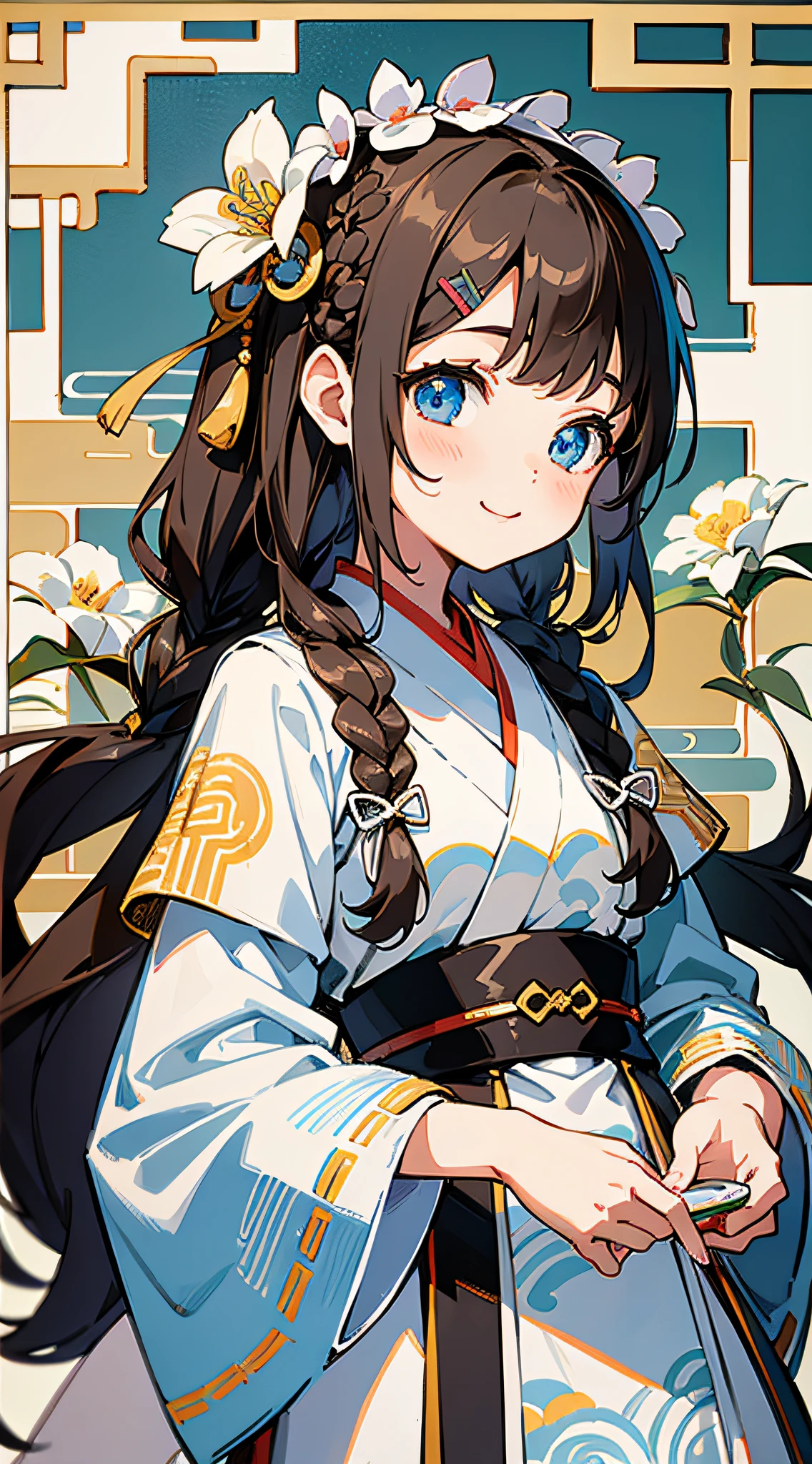 Masterpiece, super-high-resolution, cute girl, half-body, ancient Chinese style, short brown hair, white Hanfu, flowing long hair, braids, flower embellishments, blue eyes, hairpins, cute little , cute cute cute, thick paint, gentle smile