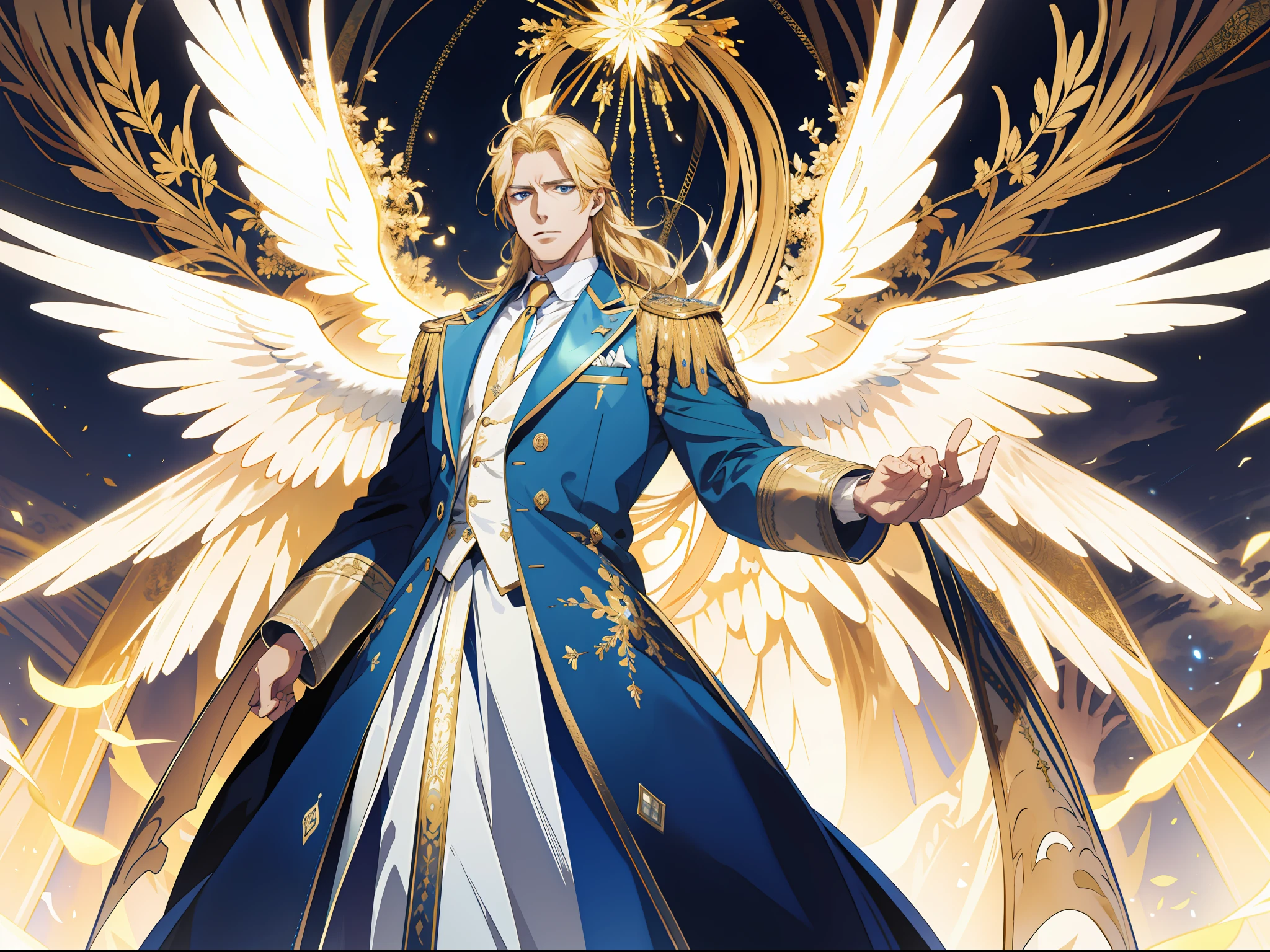 (absurd, high resolution), (panorama) (1 male), middle-aged, long blonde hair, blue and white dress, golden decoration, (tall), serious, irritated, open mouth, hands behind back, 3 pairs of huge wings, broad arms, angel descending, palace, powerful, majestic, intense luster, white-gold dress, exquisite clothes, streamers, golden magic around the whole body,