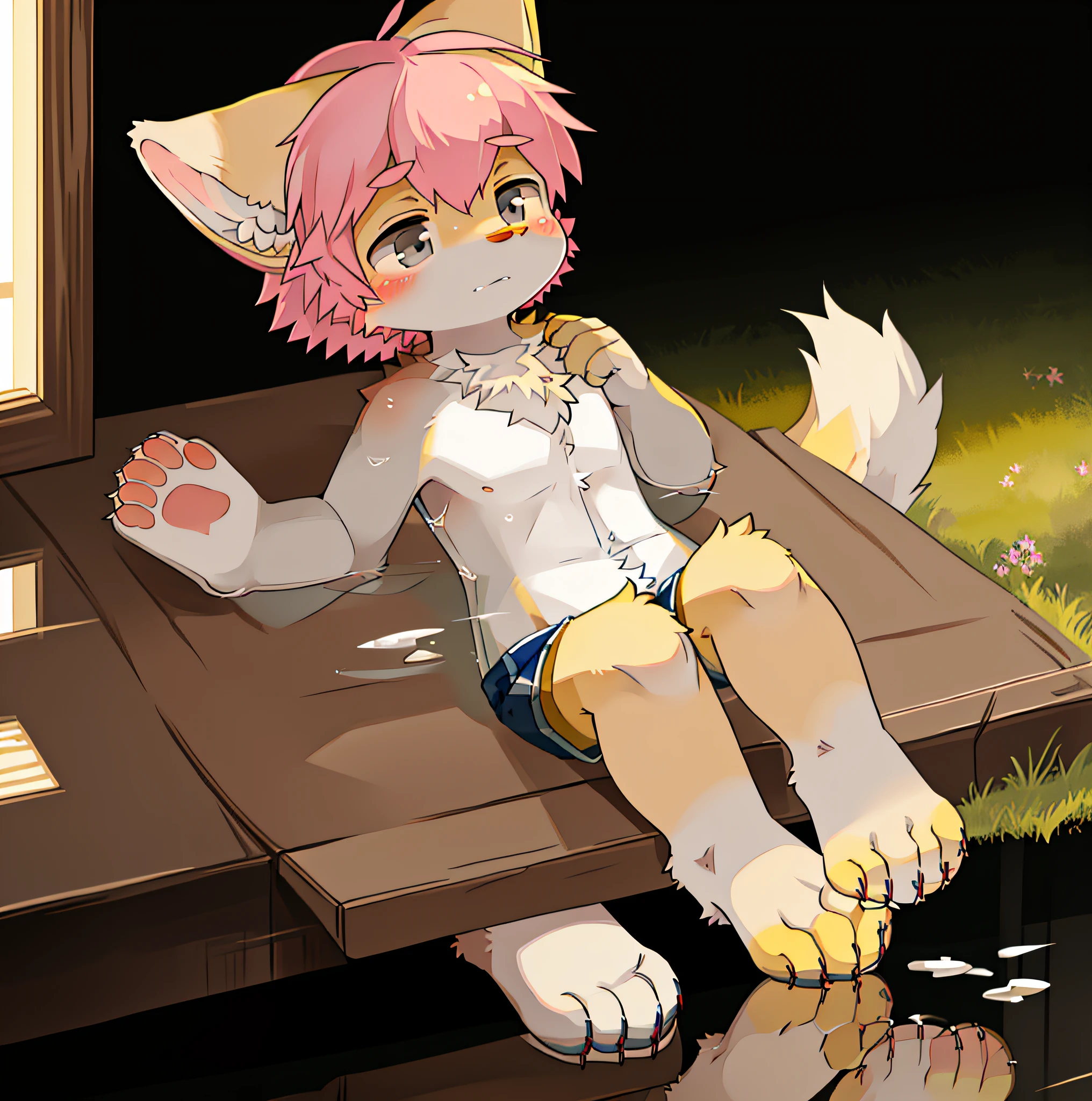 (masterpiece:1.2),(anatomically correct:1.1), high quality:1.3, (((solo male anthropomorphic))) kemono furry_transformation wolf fursona,1 wolf boy,silver fur, grass grey eyes, (yellow nose),white hands paws, white feet, canine hands, (detail canine feet:1.2),4 toes, black beans, detail beans,, ((1boy)),[digital painting \(artwork\)::0.8],boy, (solo:1.3), 4 toes, canine feet, reflection, countershading, (motion lines:1.1),shorts,baby pink hair, short hair,nsfw,kemono,shota,solo,cum out,single fluffy tail