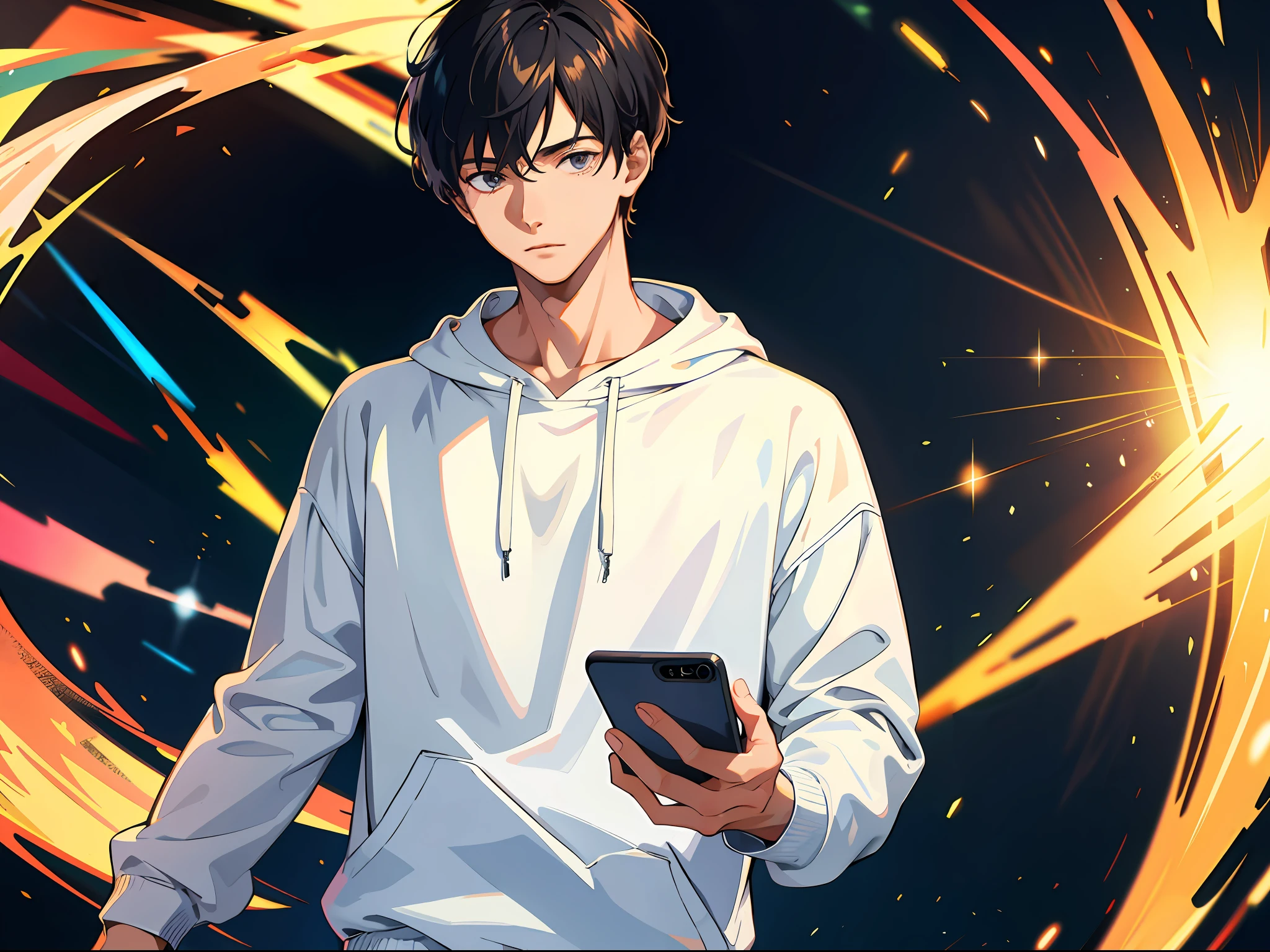 High resolution, highest quality, illustration, super detailed, a young man in a white sweatshirt, black inches, holding a mobile phone in his hand is on a call