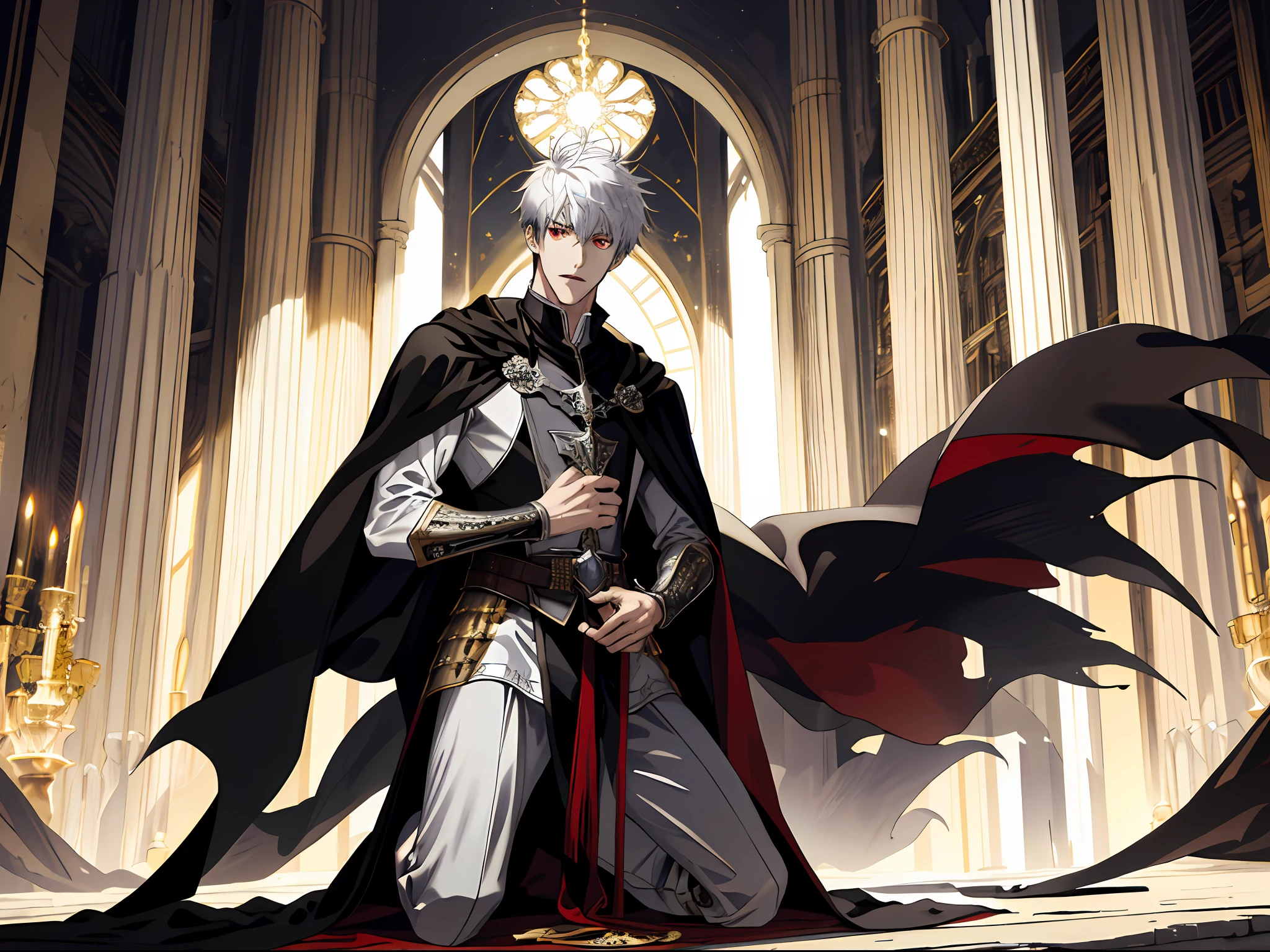 (Ridiculous, High Resolution, Super Detailed), (Panorama), (1 male), tall, wearing silver armor, black cape, red eyes, evil charm, short hair on white back, medieval style, golden palace, (surprised), open mouth, (kneeling on one knee), streamer, magic flowing