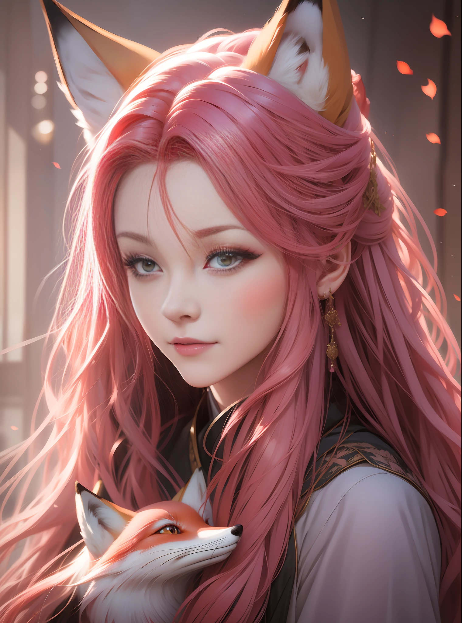 Fox, pink hair, antique,1gril,1fox