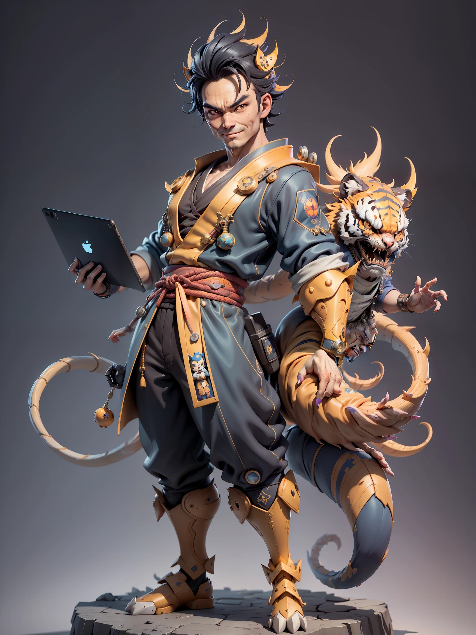 (Masterpiece), (Excellent), (Super Meticulous), (Full Body: 1.2), Super Young Man with Japanese Female Geisha, Beauty, Chinese Dragon, Tiger, Wind God Thor, Sexy, Bursting, Oriental Face, TV Anchor, Bust Portrait Illustration, Black Suit, Blue Tie, Slightly Chubby, Very Clean Face, No Beard, Black Super Short Hair, Black Eyes, Confident Smile, 3c Computer Sub-Products, iPad, iPhone, Digital Painting, 3D Character Design by Mark Claireden and Pixar and Hayao Miyazaki and Akira Toriyama, The illustration is a high-definition illustration in 4K resolution with very detailed facial features and cartoon-style visuals.