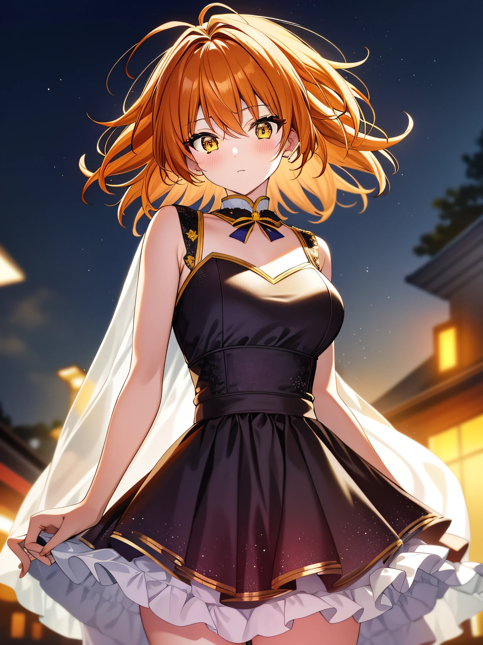 (Super Extreme Detail), (Master Peace), (Ultra Extreme), (Realistic), CG, (Color: 1.1), Beautiful Lights, Frontal Light, Solo, 1 Girl, Full Body, yuusaki_riko, Orenge Hair, Short Hair, Messy Hair, Yellow Eyes, Antenna Hair, Dress