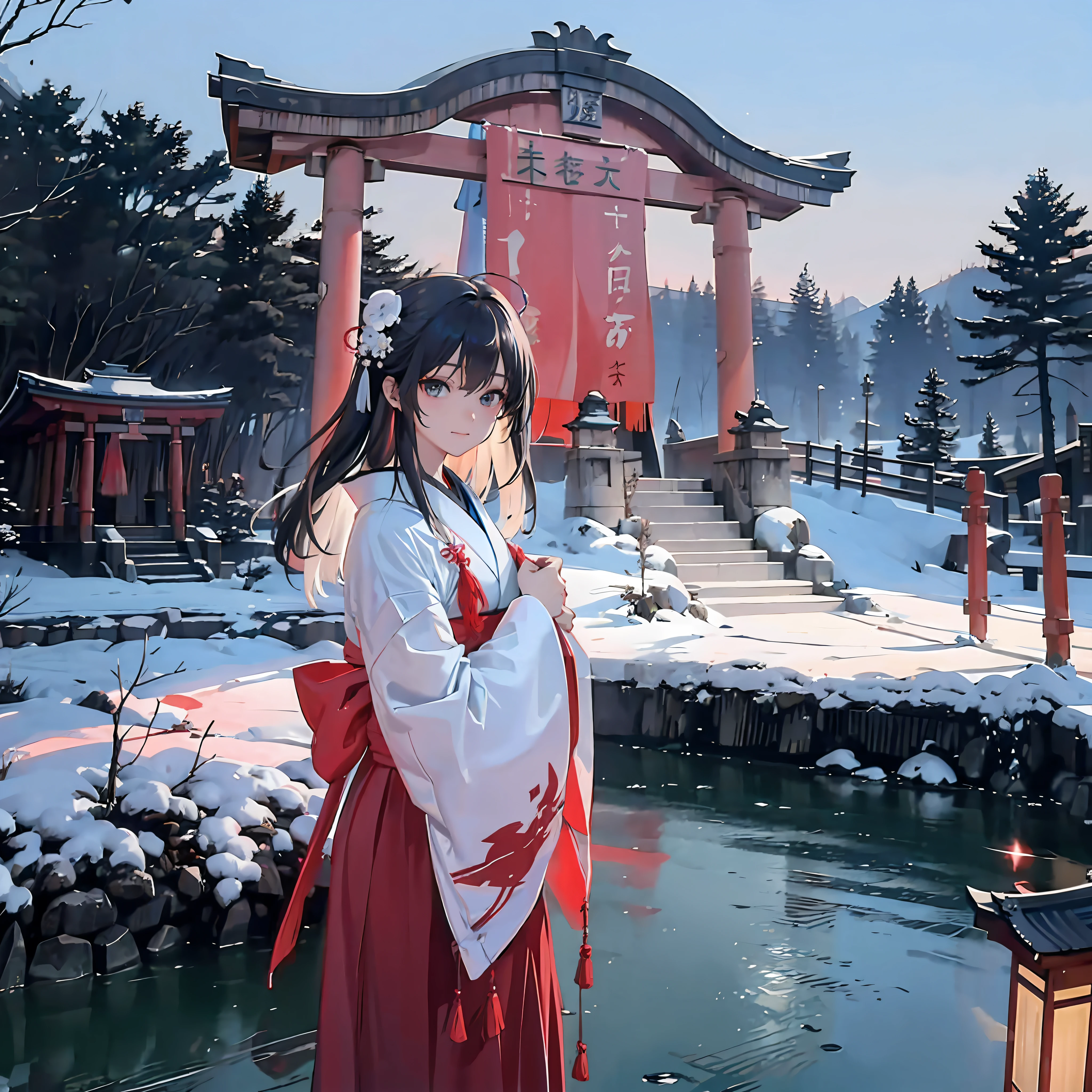 scenery, tree, shrine, outdoors, shimenawa, real world location, rope, east asian architecture, architecture, traditional media, day, building, shide,(Japanese Architecture:1.3), (Cornices:1.3), Japanese Shrines, (Torii:1.2), Wooden Pillars, Unreal Engine, Realistic, Detailed Rendering, Volumetric Lighting, Octane Rendering, Focus, Tyndall Effect, HD, Photography Style, Masterpiece, Perfect Work, Masterpiece, Award-winning work, intricately detailed,(The characters only take up 1/5 of the screen),1girl, japanese clothes, kimono, snow, outdoors, solo, black hair, tree, hair ornament, sash, shrine, floral print, sky, torii, looking at viewer, stone lantern, obi, night, winter, wide sleeves, snowing, architecture, flower, east asian architecture, standing, bangs, long sleeves, black kimono, hair flower, closed mouth, bare tree, stairs, sidelocks, lantern, scenery, long hair, print kimono,best quality, super detailed, masterpiece, illustration, (clear background), (detailed light), lighting, (clear sky), night, stars, starry sky, moonlight, water droplets with clear detail:, ripple: 1.1, ake: 1.1, colorful aurora,Dynamic, floating, luminous, League of Legends original painting, (wide-angle viewing angle: 5, )Highest detail, girl of the gods, Japanese shrine maiden, (walking slowly on the water:1.5), lights emanating from the house, (high contrast),(lam_style, colorful_hair),((masterpiece)), (realistic), (3d face:1.2), (solo:1.2), (original), (very detailed wallpaper), photographic reality, very detailed illustrations, (super intricate details), perfect detail Features, Perfect Detail, (Super Intricate Detail), Panorama,, (Cybernetically Enhanced), (Glowing Eyes), (Snow: 1.2), (Otherworldly: 1.5), (Candlelight: 1.2),, (Wood structure:1.2), (smooth:1.2), (night:1.2), (mystery:1.2), (hover:1.2), (float:1.2), (hover:1.2), (torii:1.2), ( Surreal: 1.2), (Fantasy: 1.2), (Radiation: 1.2), (Sparkle: 1.2), (Blink: 1.2), (Glow: 1.2), (Glow Pattern: 1.2),