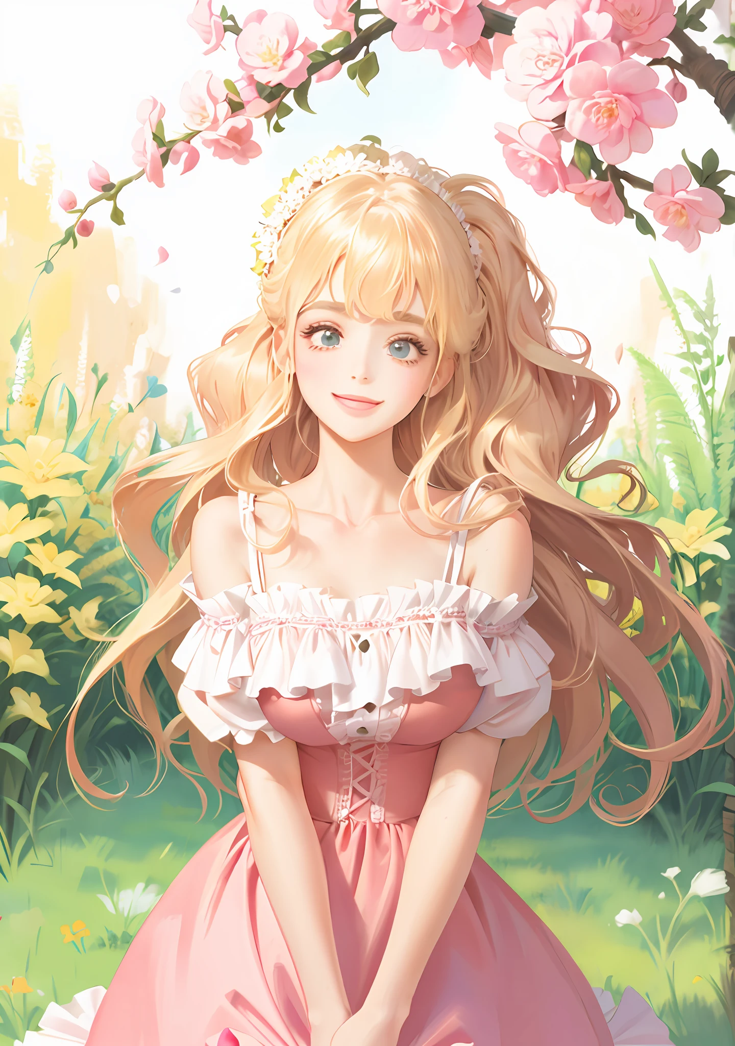 ta, off-the-shoulder, pink dress flowers, smile, blonde hair, fluttering hair, natural light, perfect figure, delicate facial features