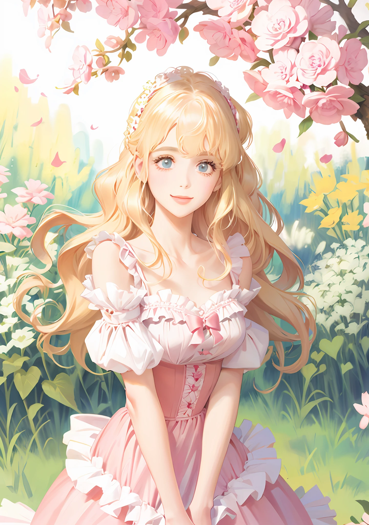 Lolita, off-the-shoulder, pink dress flowers, smile, blonde hair, fluttering hair, natural light, perfect figure, delicate facial features