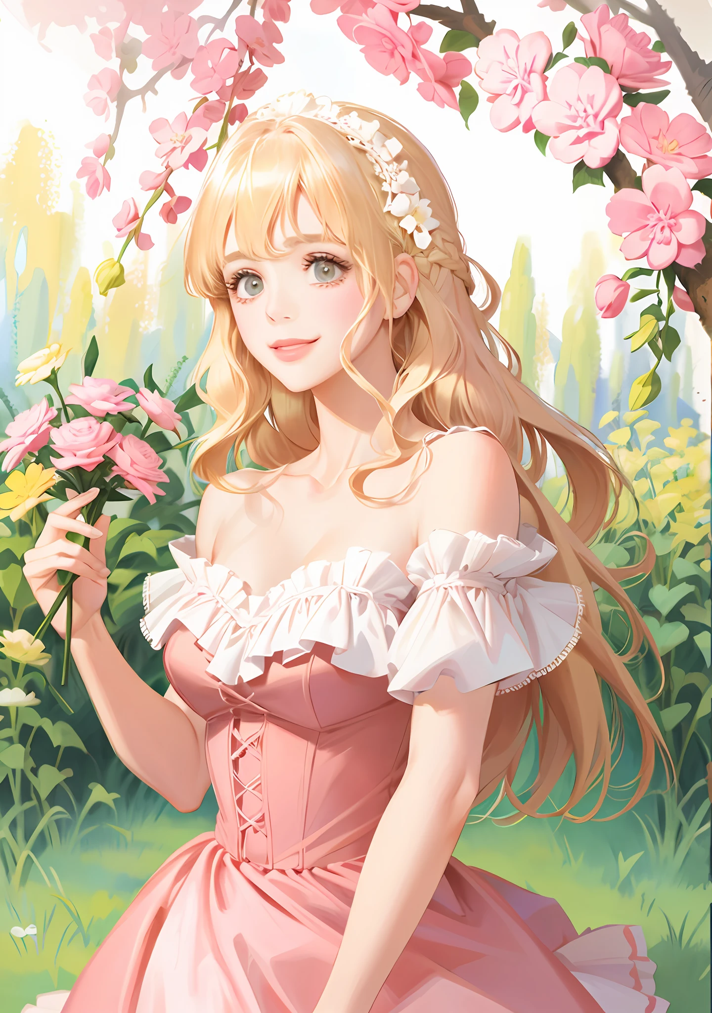 Lolita, off-the-shoulder, pink dress flowers, smile, blonde hair, fluttering hair, natural light, perfect figure, delicate facial features