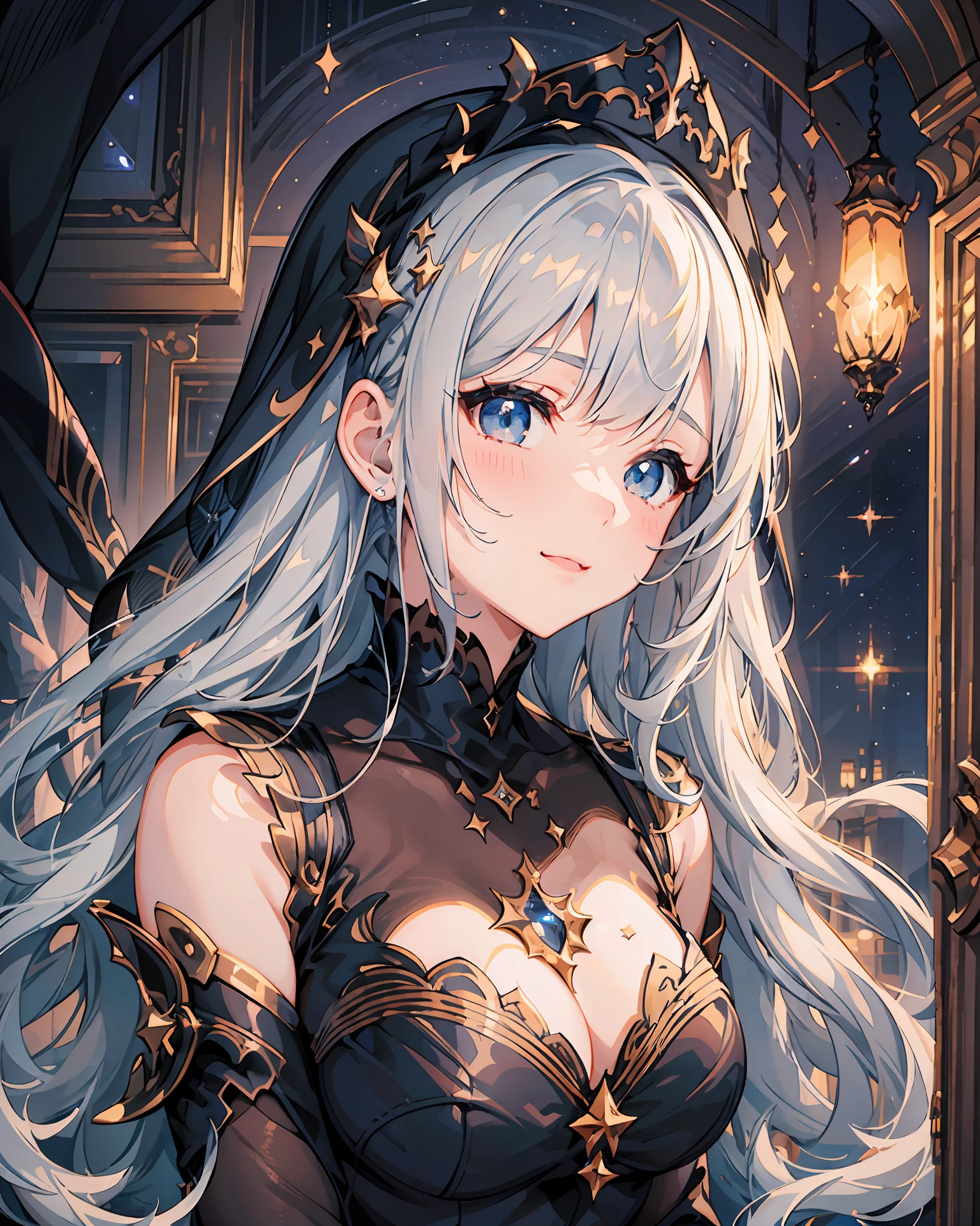 1 girl, (((ultra-detailed))), ((masterpiece)), ((illustration)), sensual, starlight saintess, black ornate dress, curvaceous woman, head veil, long silver hair, fair skin, droopy eyes, (starry eyes like the night sky), bust up, facing forward, smile