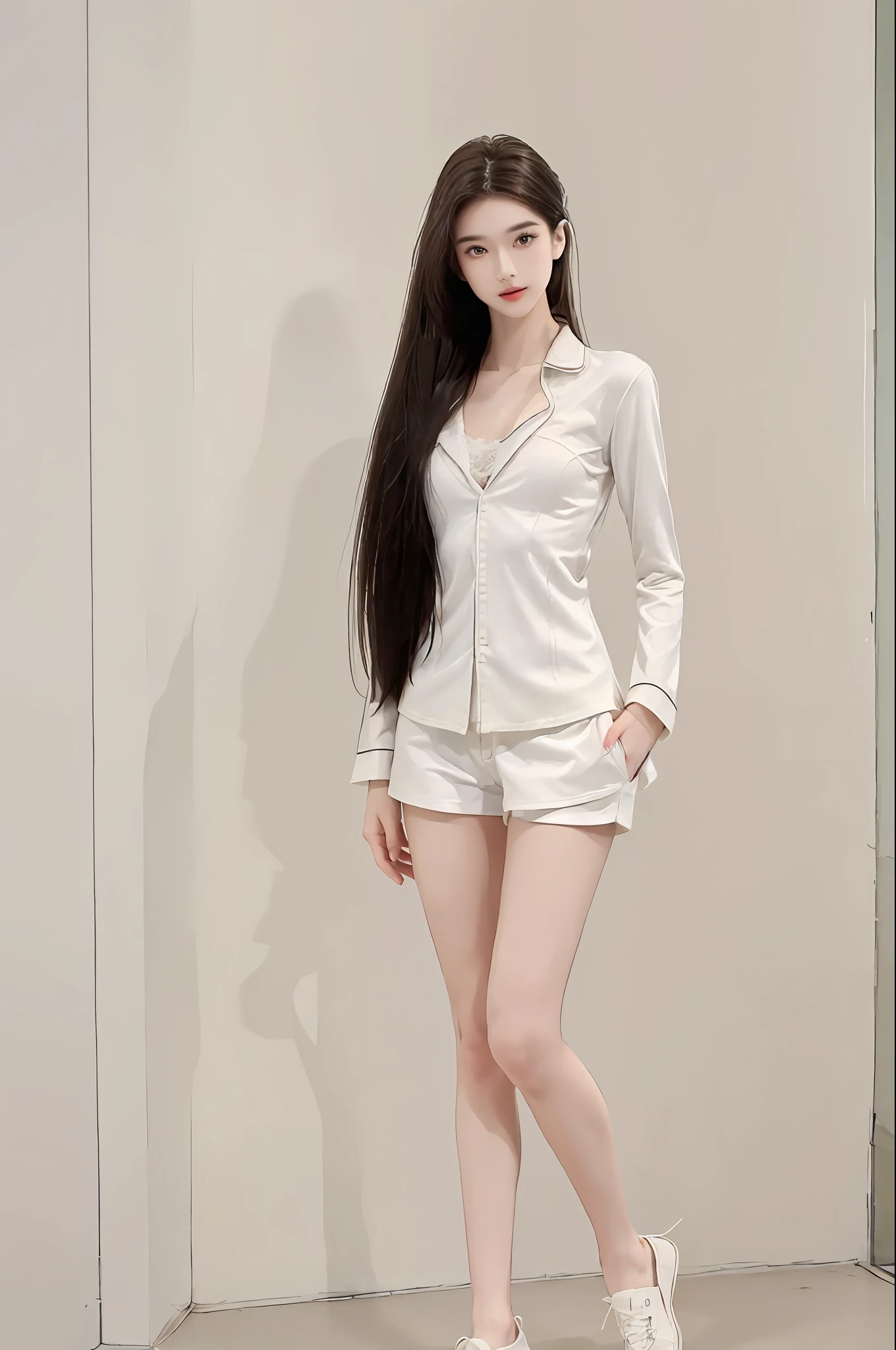 ((Top quality, 8k, Masterpiece: 1.3)), beauty, hidden face, 1 girl, beauty: 1.3, slender abs: 1.1, slender legs, small white shoes, black lace pajamas, standing posture, long white hair, (standing), ultra-detailed face, highly detailed lips, detailed eyes, double eyelids