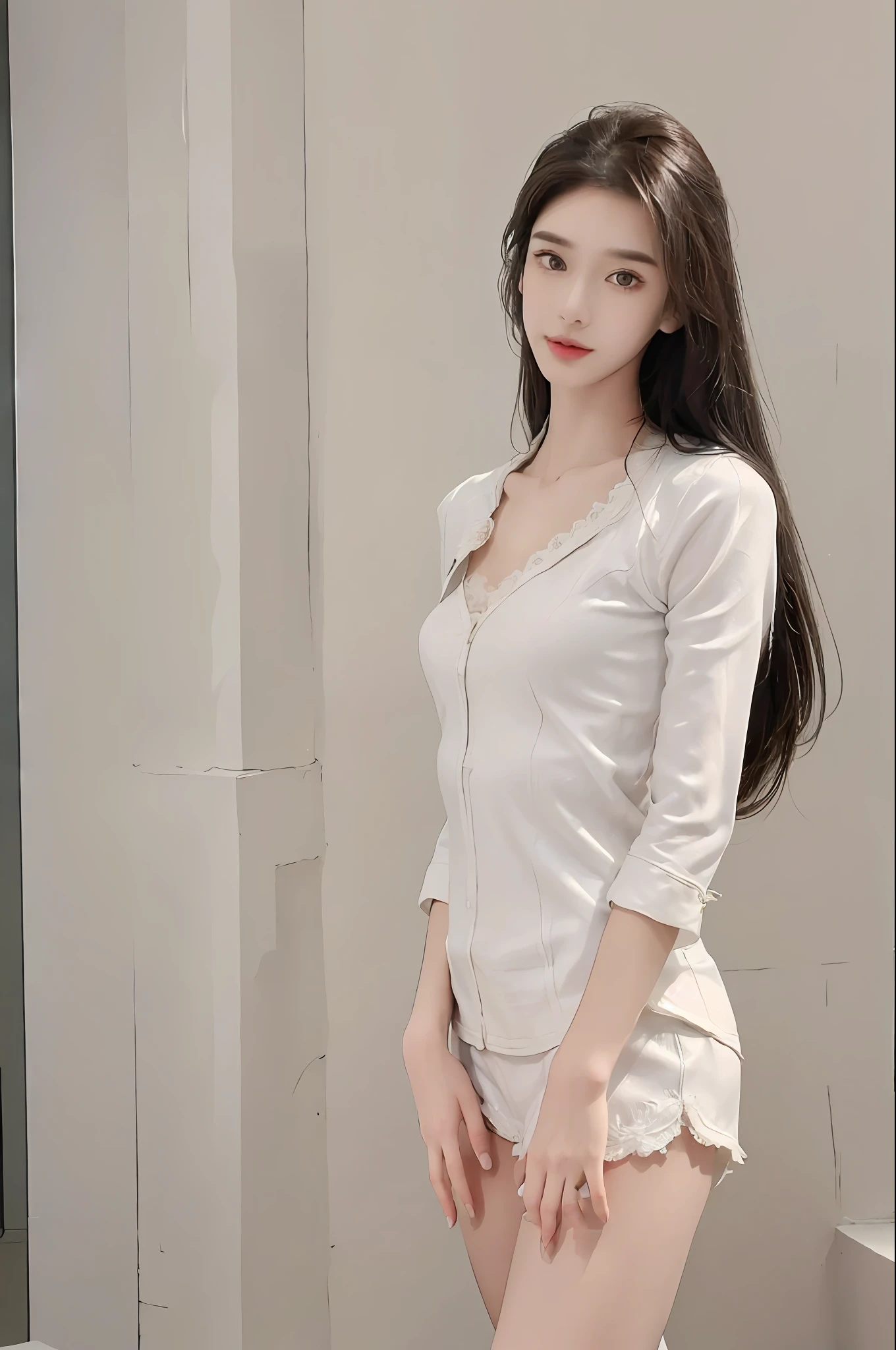 ((Top quality, 8k, Masterpiece: 1.3)), beauty, hidden face, 1 girl, beauty: 1.3, slender abs: 1.1, slender legs, small white shoes, black lace pajamas, standing posture, long white hair, (standing), ultra-detailed face, highly detailed lips, detailed eyes, double eyelids