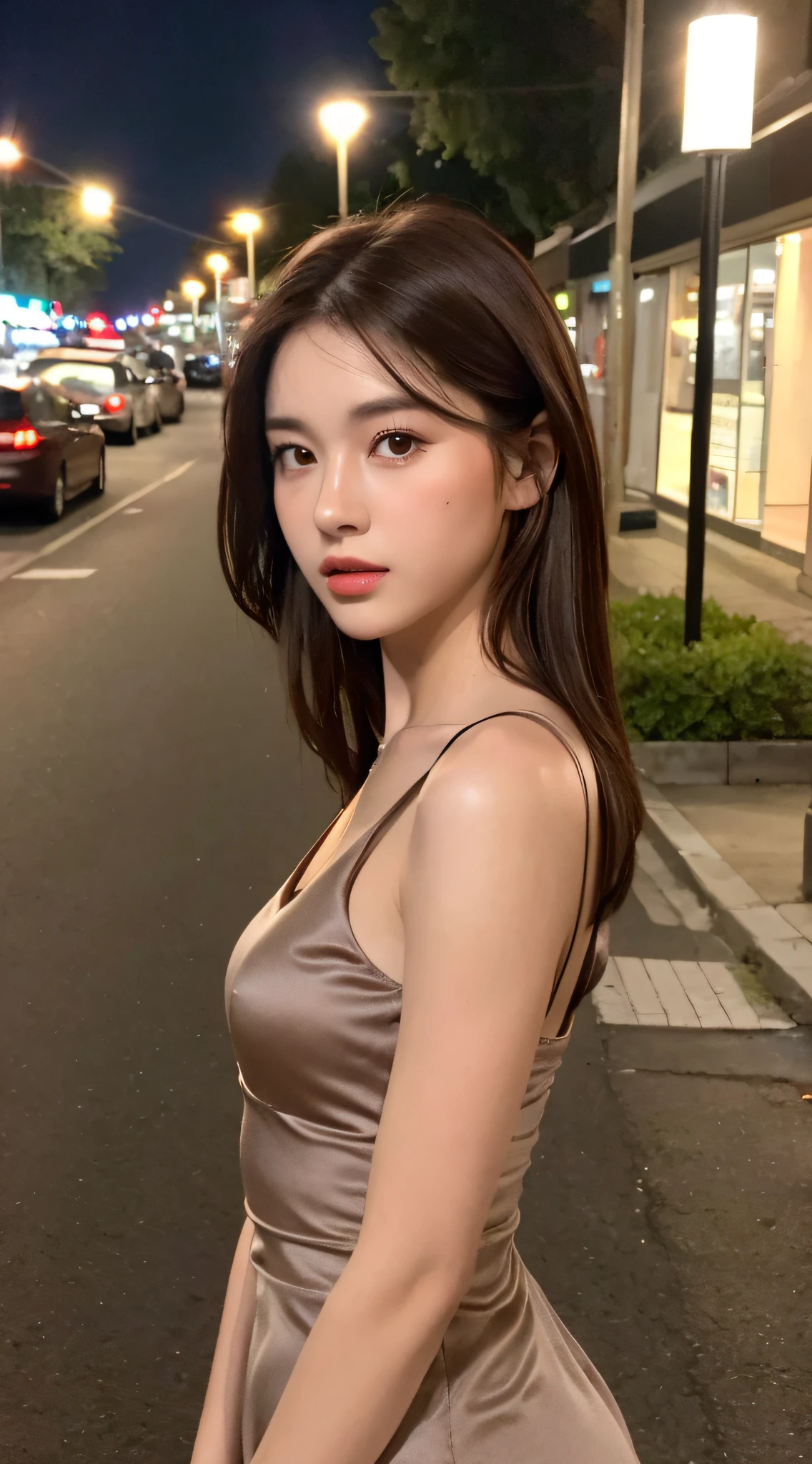((Realistic lighting, Best quality, 8K, Masterpiece: 1.3)), Clear focus: 1.2, 1girl, Perfect Figure: 1.4, Slim Abs: 1.1, ((dark brown hair))Bust figure, (Dress 1.4), (Outdoor, Night: 1.1), City Street, Super Fine Face, Fine Eyes, Double Eyelids,