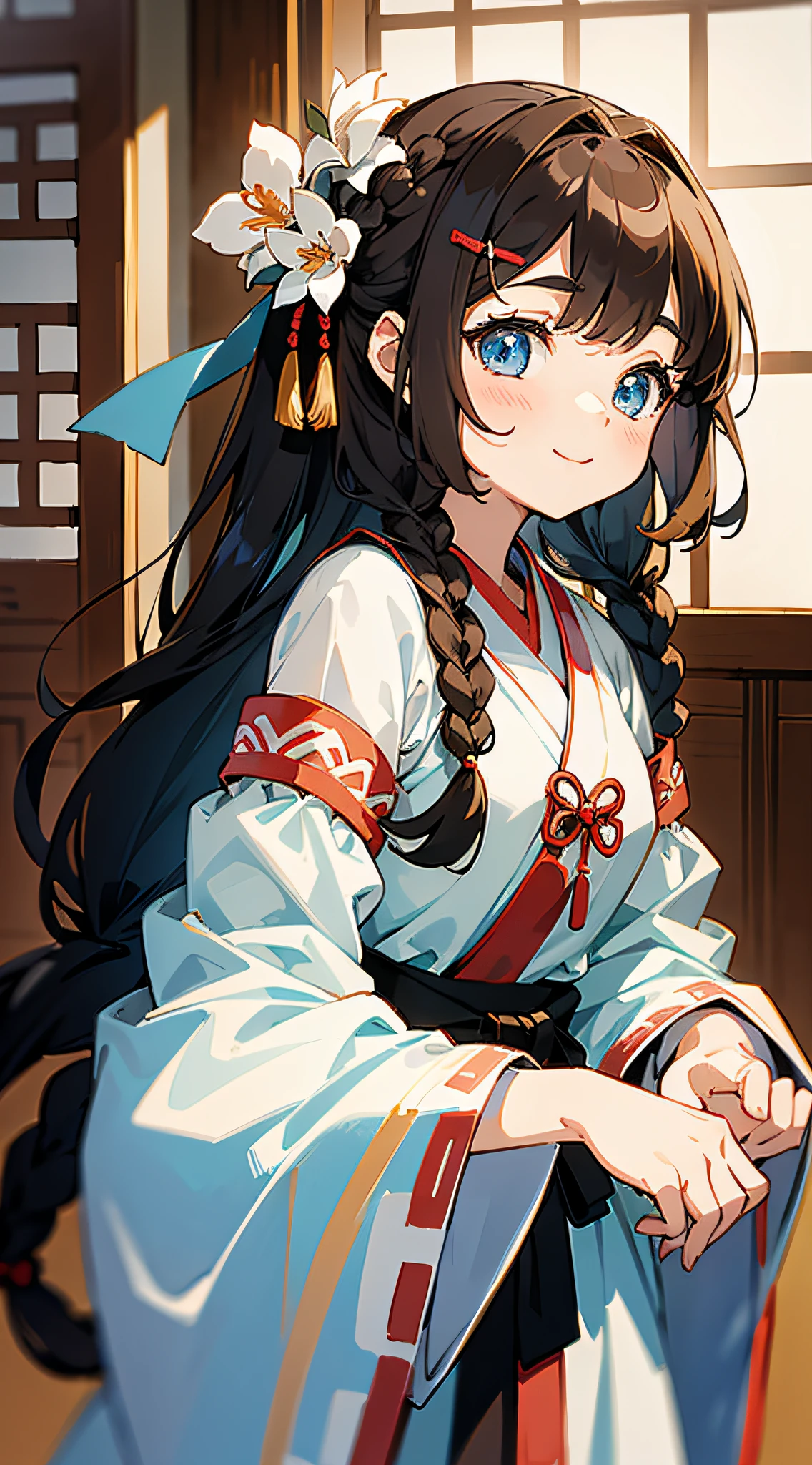 Masterpiece, super-high-resolution, cute girl, half-body, Chinese ancient style, short brown hair, white Hanfu, dynamic posture, flowing long hair, braids, flower embellishments, blue eyes, hairpins, cute little loli, cute cute cute, thick paint, gentle smile