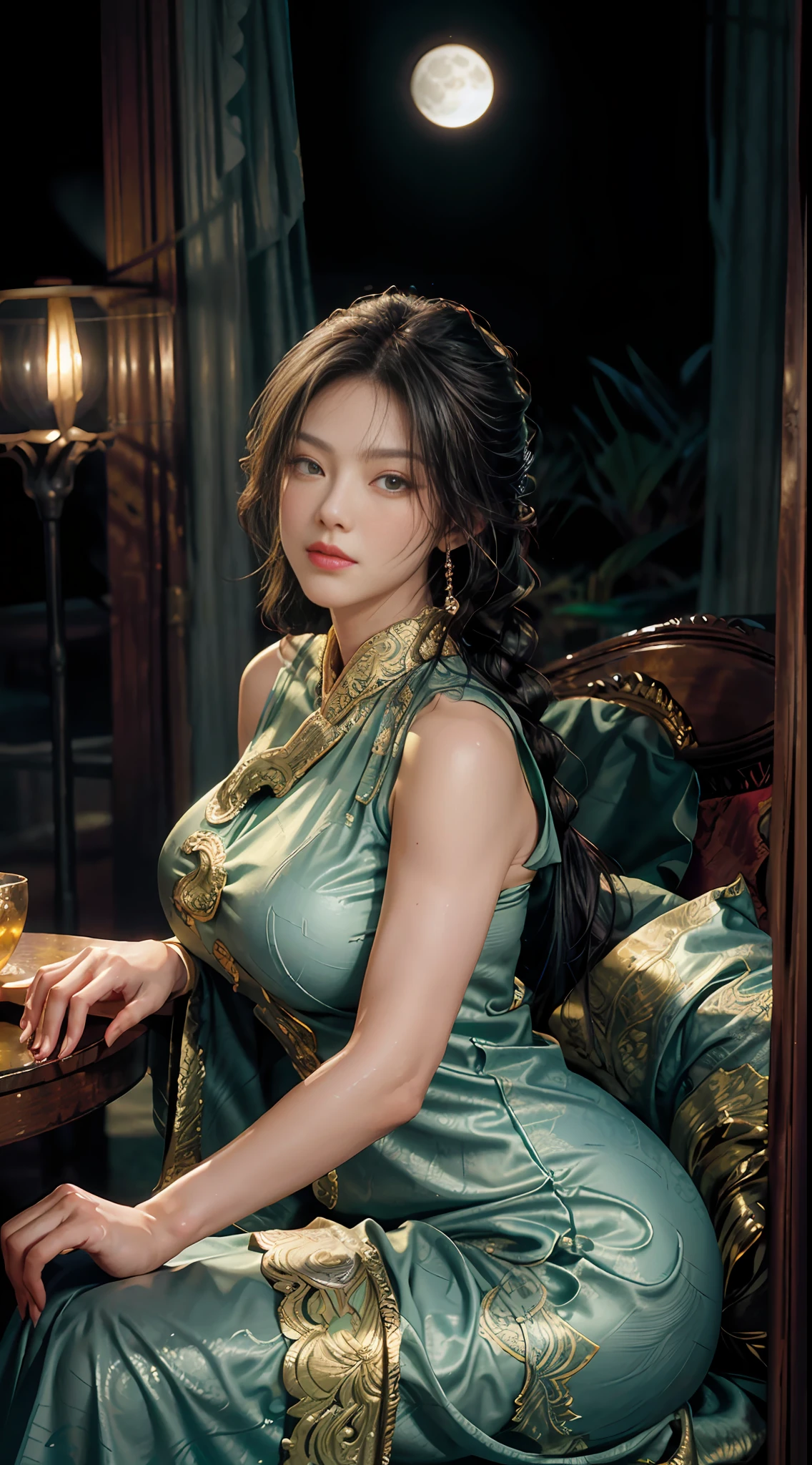 The art depicts a charming woman dressed in a flowing, silky traditional oriental dress, emeralds, decorated with intricate patterns and bright colors. Her dress drapes elegantly over her curvy figure, accentuating her seductive silhouette. She sits gracefully under the quiet moon, bathed in the soft glow of the moonlight. The scene exudes an ethereal and dreamy atmosphere, with a touch of mystery and sexiness. The graphic style blends watercolor and digital illustration techniques to evoke a refined beauty and charm. The lights are filled with soft moonlight, casting soft highlights and shadows on her charming features. Bare legs, big breasts, three-dimensional facial features, sitting in a chair against the wall, 2 hands, 2 legs, side braids