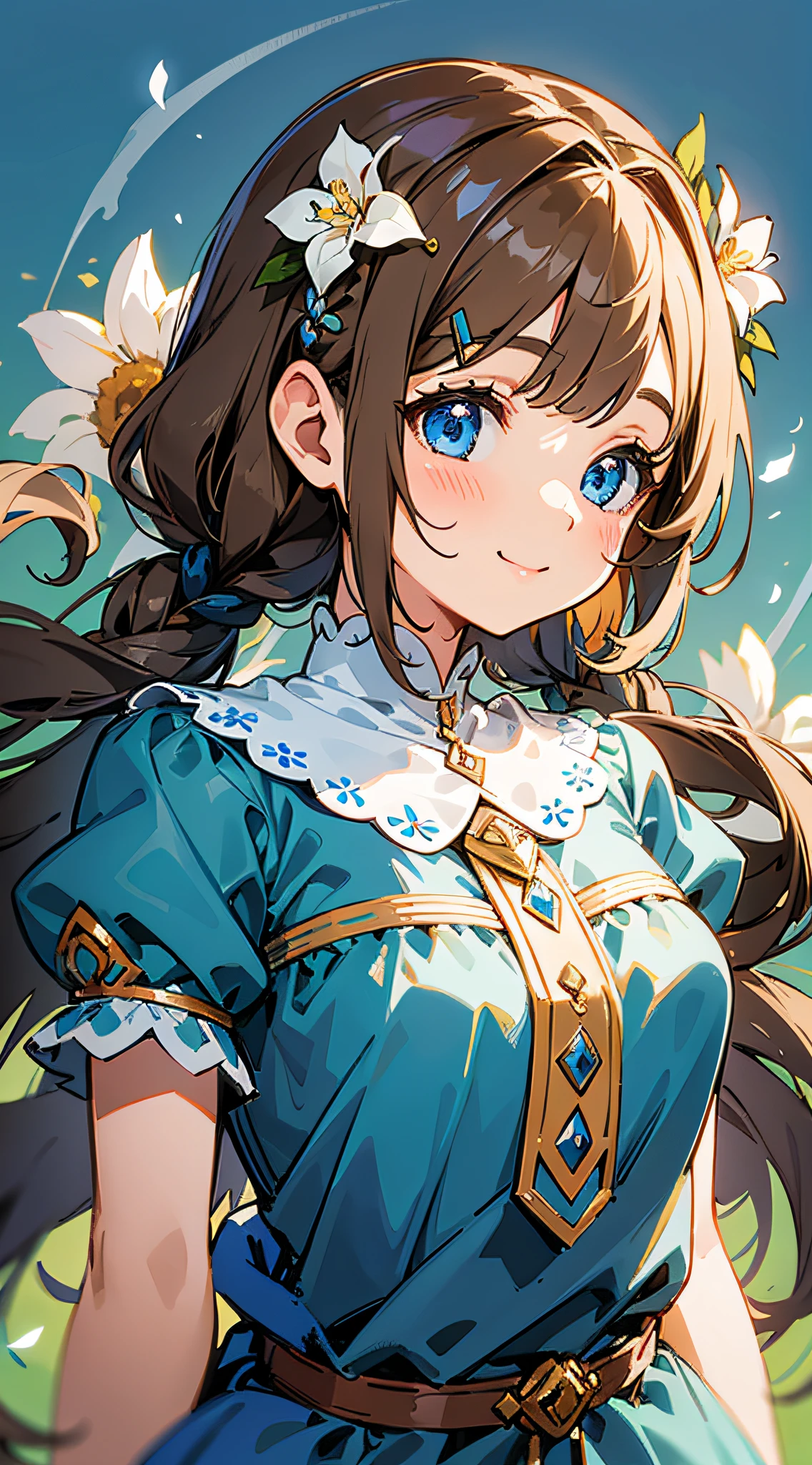 Masterpiece, super-high-resolution, cute girl, bust, short brown hair, blue clothes, flowing long hair, braids, flower embellishments, blue eyes, hairpins, cute little loli, cute cute cute, thick paint, gentle smile