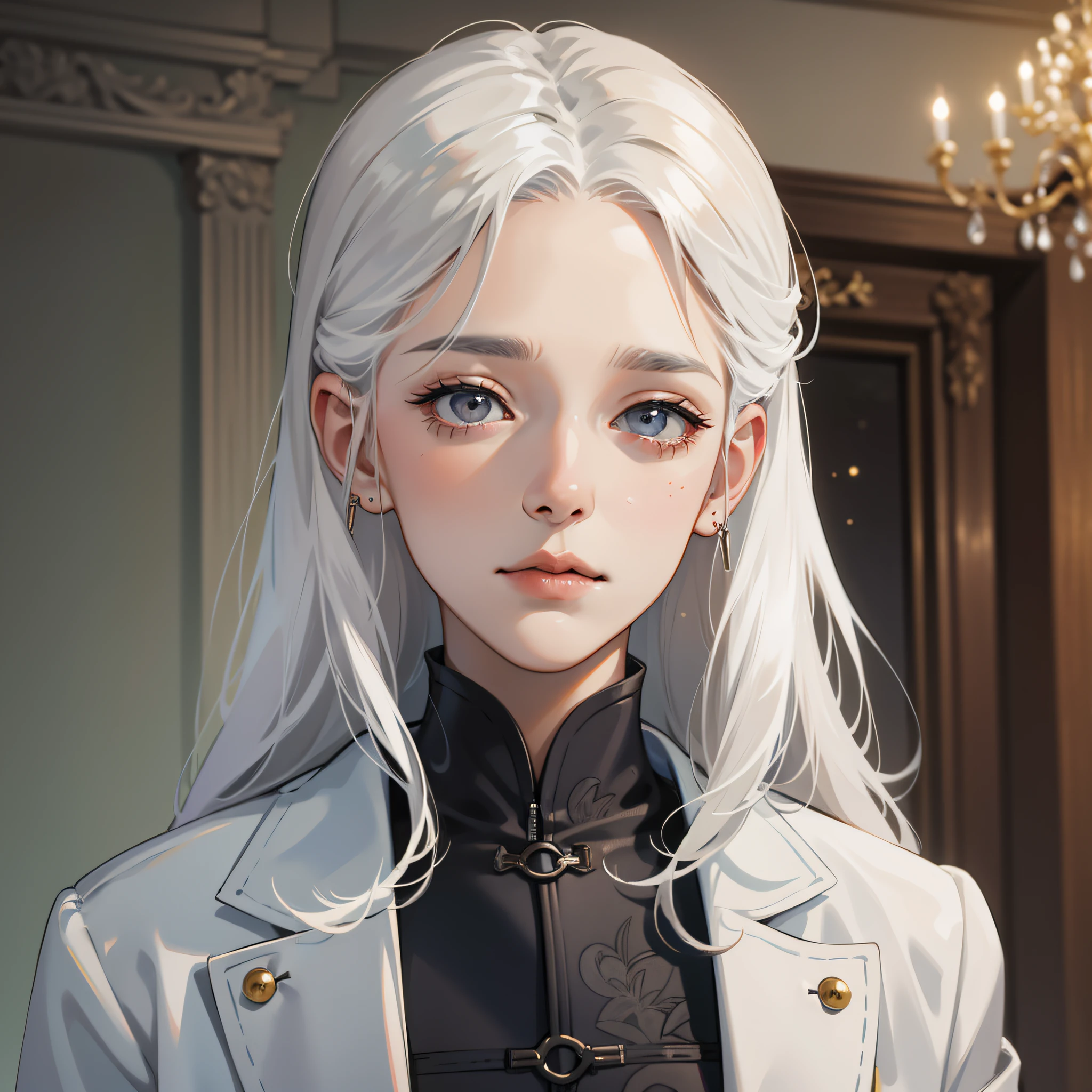 Female, middle-aged, wrinkles at the corners of the eyes, white hair, gray suit, scene in the villa, facing the camera, bust