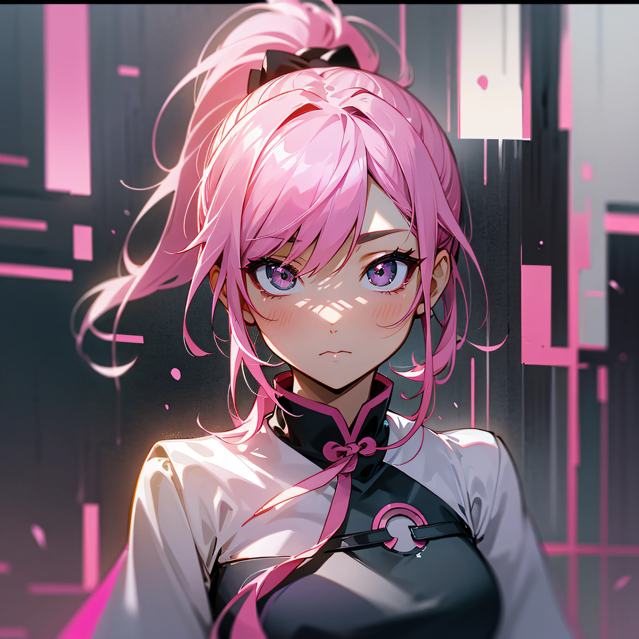 Anime, pink hair, beautiful girls, high detail, high quality, minimalist lines, ponytail, depth of field, black eyes, pupils are pink love heart shape, white cheongsam, pay attention to composition and balance. Breaking , agents who capture chaos, have the power to disrupt order, spread chaos, and thrive in unpredictable situations. Break , capture low-light images with minimal lighting and focus on the subtle details and atmosphere of the scene, rainy day scenes --auto --s2