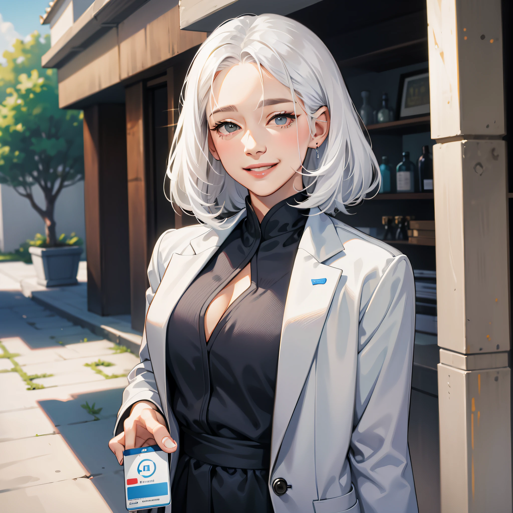Female, middle-aged, wrinkles at the corners of the eyes, white hair, gray suit, holding a bank card, smiling, scene in the villa, facing the camera, bust