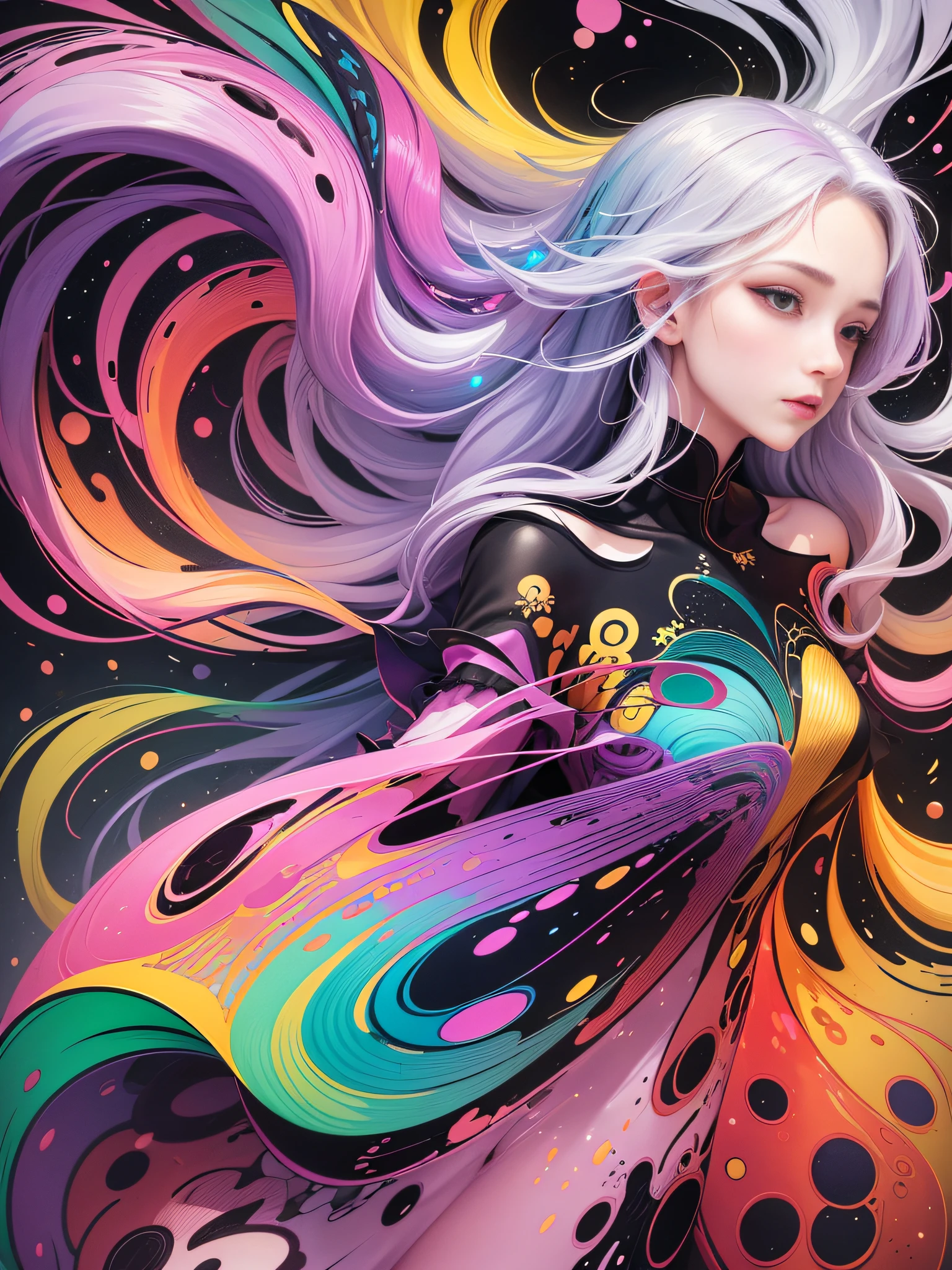 Ultra-detailed CG illustration in the style of beautiful girl, Kandinsky, depicting a woman floating gracefully with movement, wide shot, and outstanding details, including a wide range of watercolor image quality, bright and vivid color palette and tranquil space beautiful, exciting and dynamic, illustration with contrast in the background. (1 person), attractive, prominent, transparent hair that is intensively illuminated to shine light on dark areas, (colorful and vivid clothes) + (red ribbon on black attire: +1.3) + (silver hair: +1.2) + (lilac hair) + (yellow hair: +1.3) + (green hair: +1.3). For the background, draw abstract patterns in the Kandinsky style or colorful and beautiful geometric patterns, complementing the color of the background and the color of clothing.