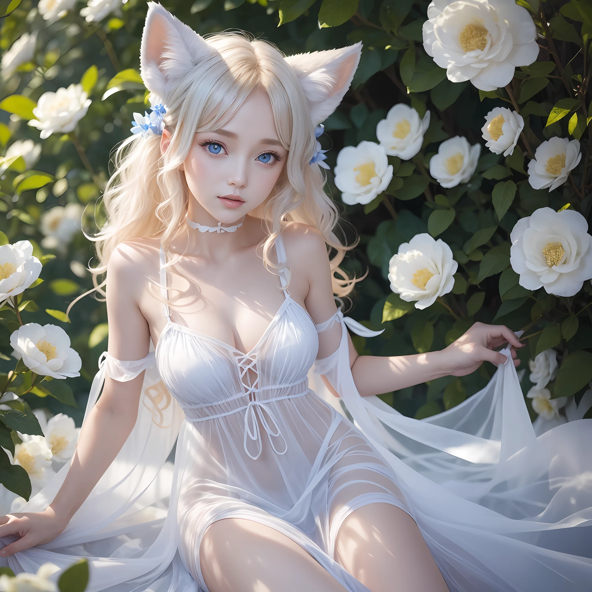Women with ,golden curly hair,Blue eyes,white fox ears,,white translucent long dress with thin straps --auto --s2