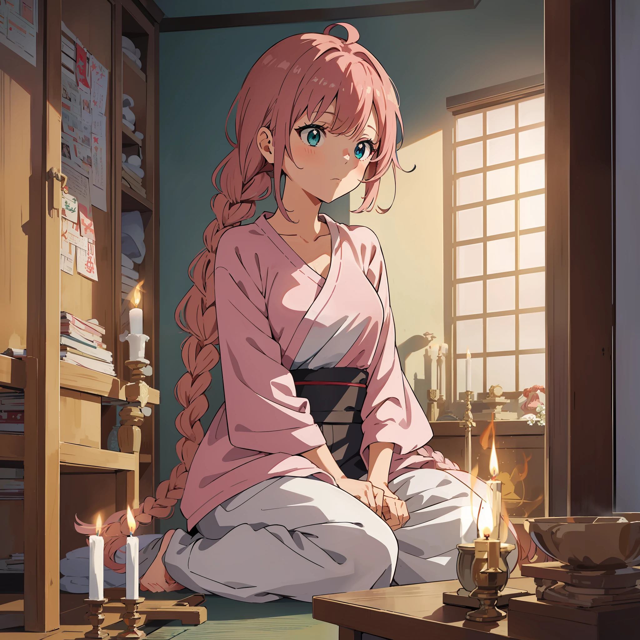 Anime illustrations in the style of "Kyoto Animation", highest quality, (cute: 1.1), (cute), (high resolution: 1.2), incredibly ridiculous: 1.3, incredibly fine illustrations, break 1 beautiful girl, Solo, (heterochromia, light blue eyes and light green eyes), silhouette of star eyes, solo, seated, eyes closed, side angle, big breasts, break, braid, light pink hair, semi-long hair, red ribbon at the end of braid, black cardigan, white blouse, blue jeans break, Japanese-style room, Buddhist altar, two candles, incense sticks, break, gassho, sitting in front of the altar, morning