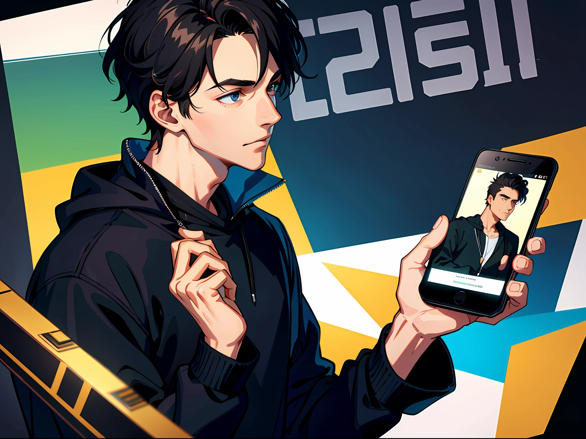 High resolution, highest quality, illustration, super detailed, a handsome young man in a black sweatshirt with a cell phone in his hand is on a call (no one else)