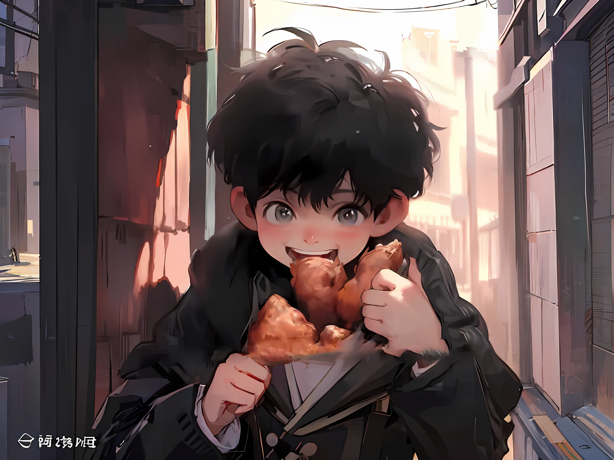 anime boy eating a piece of bread in a dark alley, artwork in the style of guweiz, guweiz, hagrid in cute anime style, adorable digital painting, guweiz on pixiv artstation, by Yang J, ross tran style, ross tran!!!, cute boy, guweiz on artstation pixiv, by Yanjun Cheng
