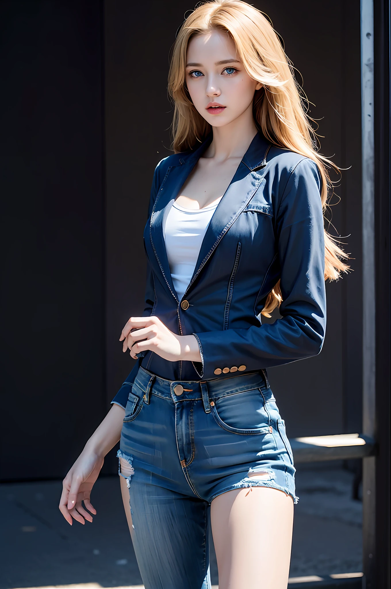 Best Quality, Masterpiece, Ultra High Resolution, (Realistic: 1.4), Original Photo, 1 Girl, Golden Retriever, Blue Eyes, Detailed Eyes and Face, Black Suit, Dynamic Lighting, In the Dark, Deep Shadows, Low Key, Denim Shot Full Length Body